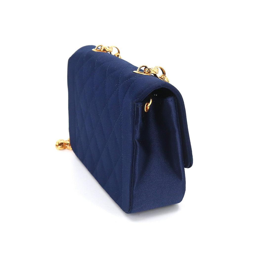 CHANEL Matelasse Bijou Chain Shoulder Bag Satin Navy Gold Hardware Vintage