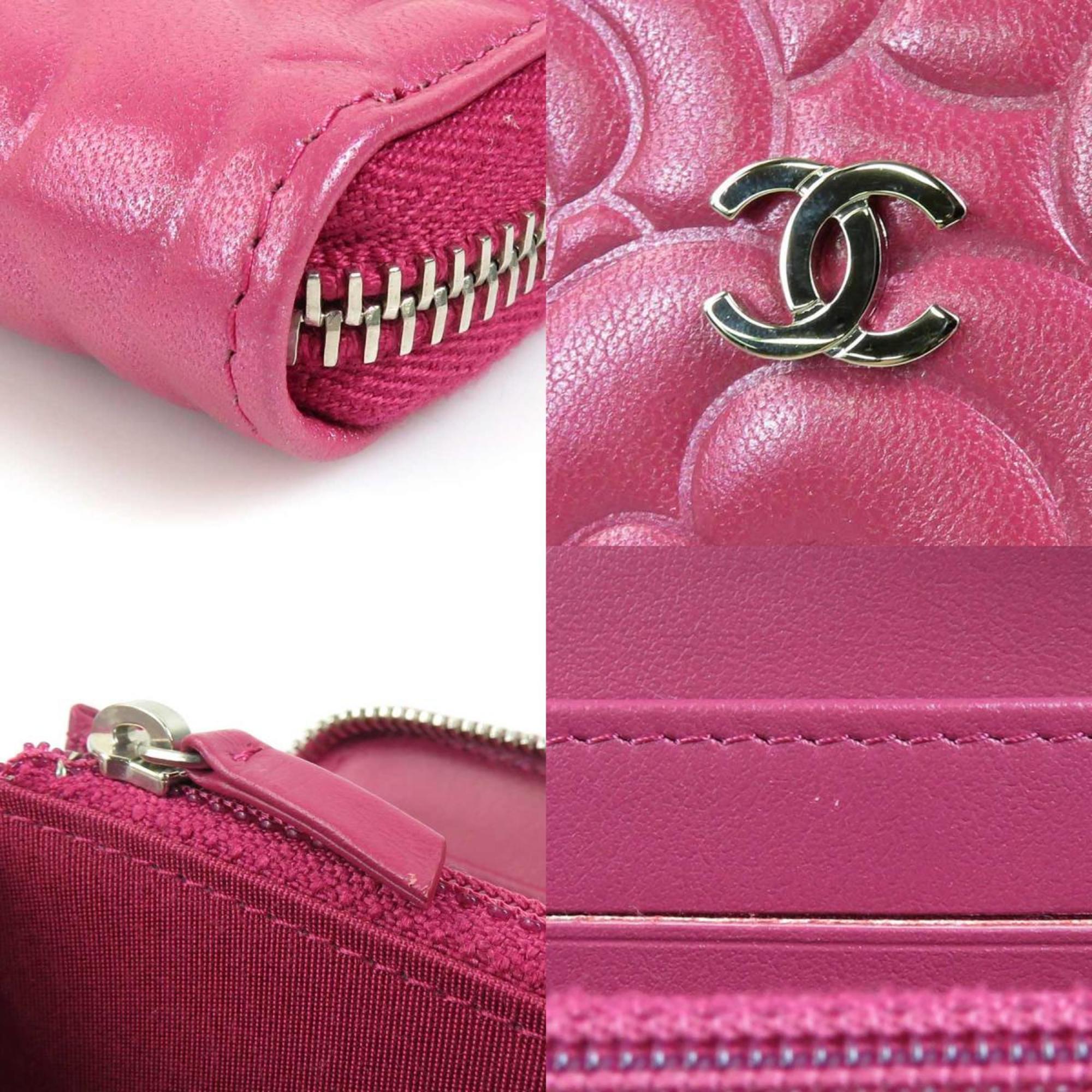CHANEL Round Zipper Long Wallet Leather Pink Women's