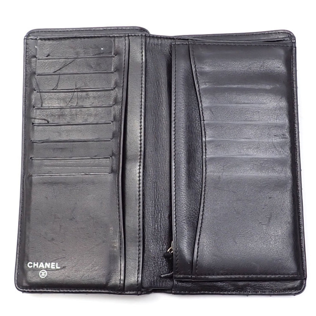 CHANEL Bifold Long Wallet V Stitch Women's Black Lambskin A31509 Coco Mark Leather