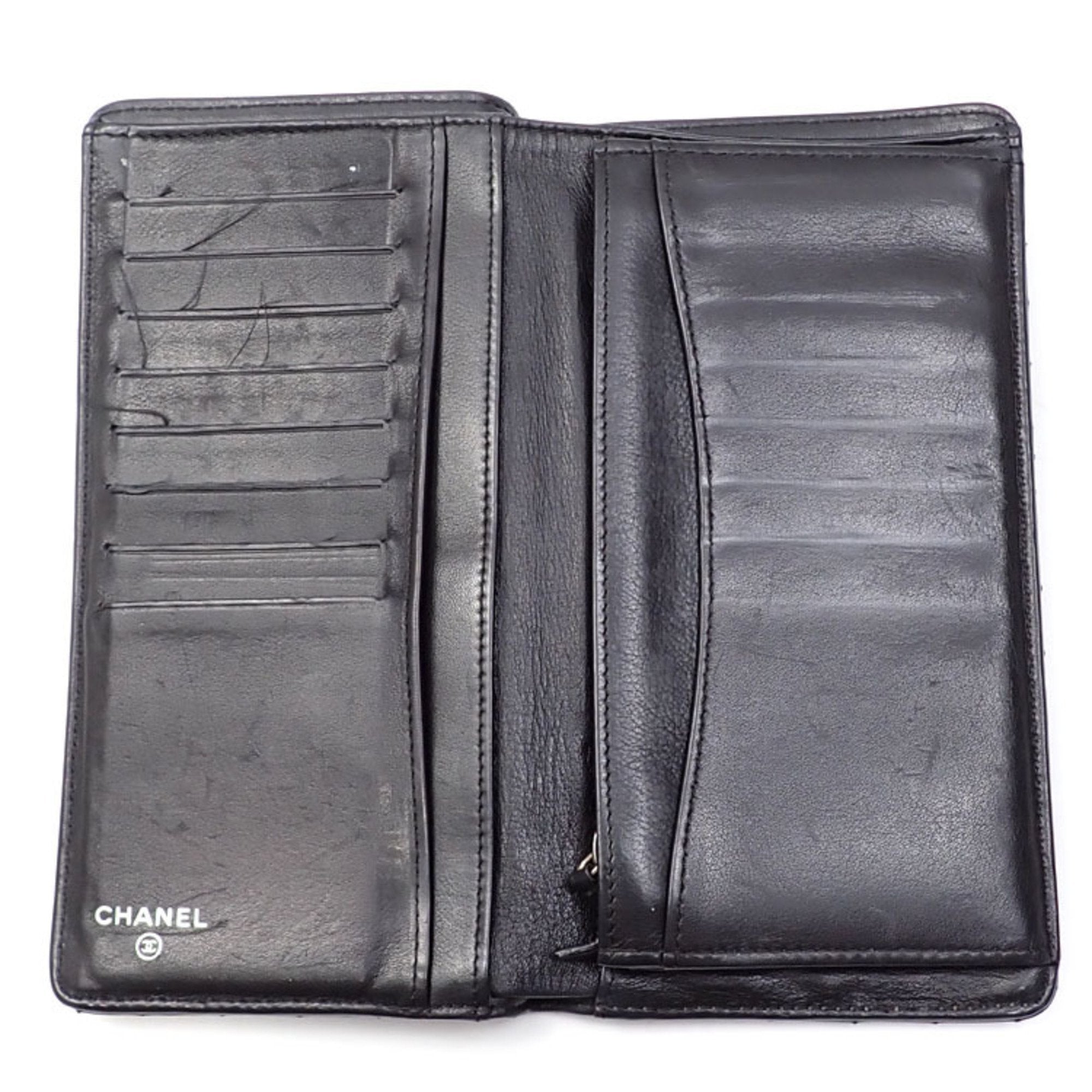 CHANEL Bifold Long Wallet V Stitch Women's Black Lambskin A31509 Coco Mark Leather