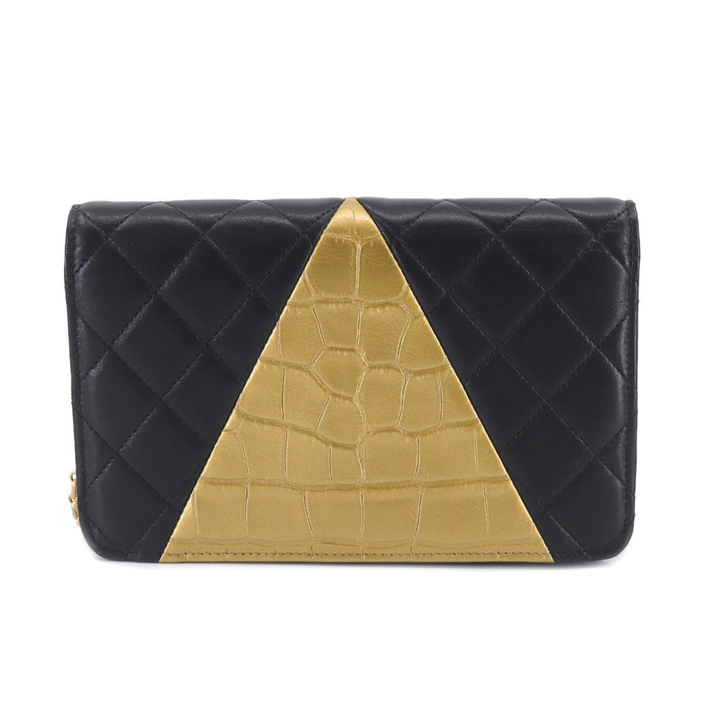 CHANEL 2.55 Chain Wallet Long Leather Black Gold Embossed Matelasse