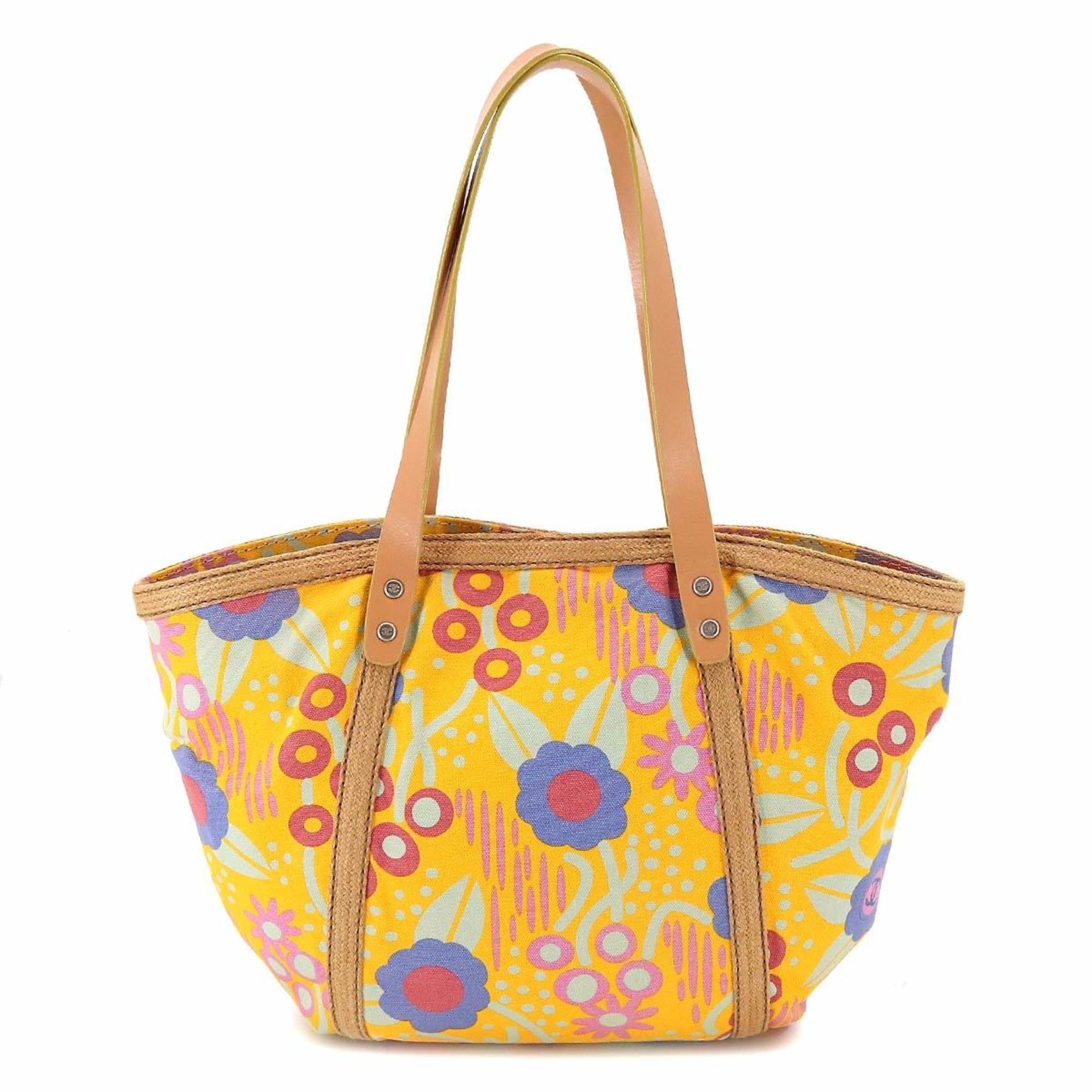 CHANEL high summer flower print tote bag canvas leather yellow multicolor A22078 silver metal fittings Deauville MM