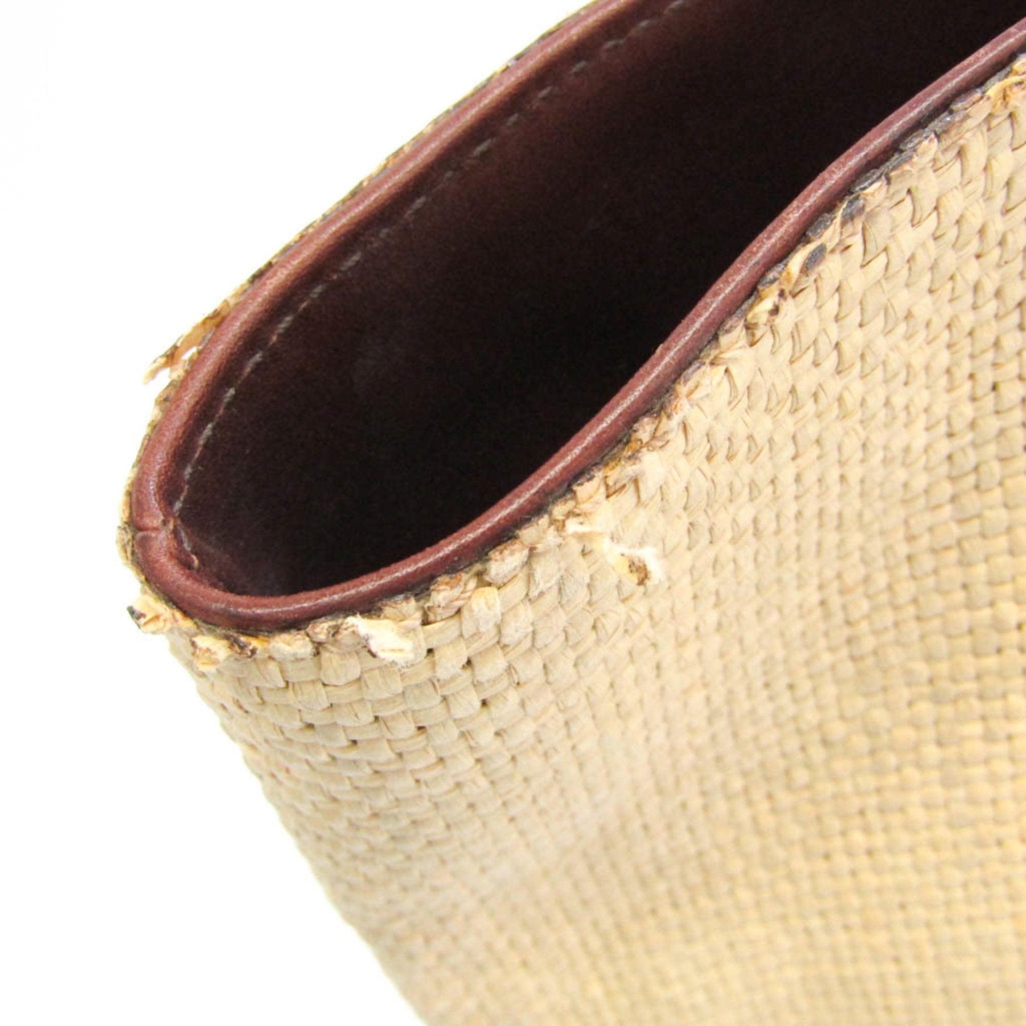 CHANEL Coco Mark Women's Straw,Leather Tote Bag Beige,Dark Brown