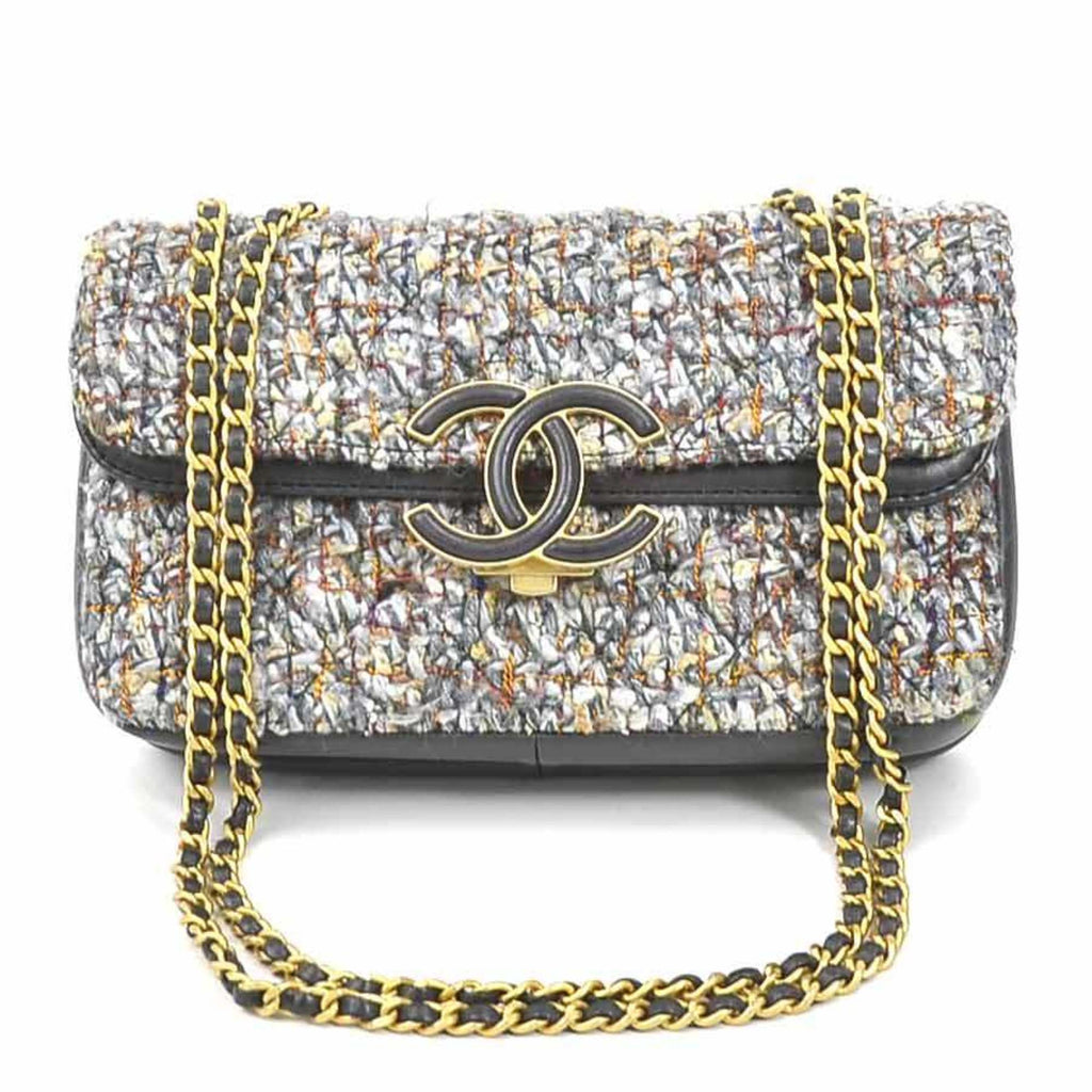 CHANEL Shoulder Bag Coco Mark Tweed/Leather Gray/Blue/Multicolor Gold Ladies