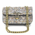 CHANEL Shoulder Bag Coco Mark Tweed/Leather Gray/Blue/Multicolor Gold Ladies