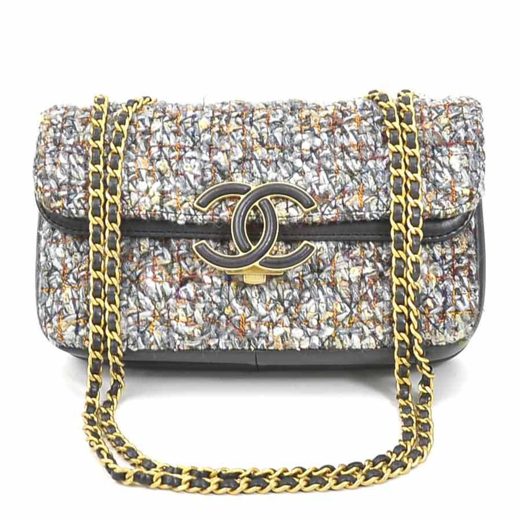 CHANEL Shoulder Bag Coco Mark Tweed/Leather Gray/Blue/Multicolor Gold Ladies