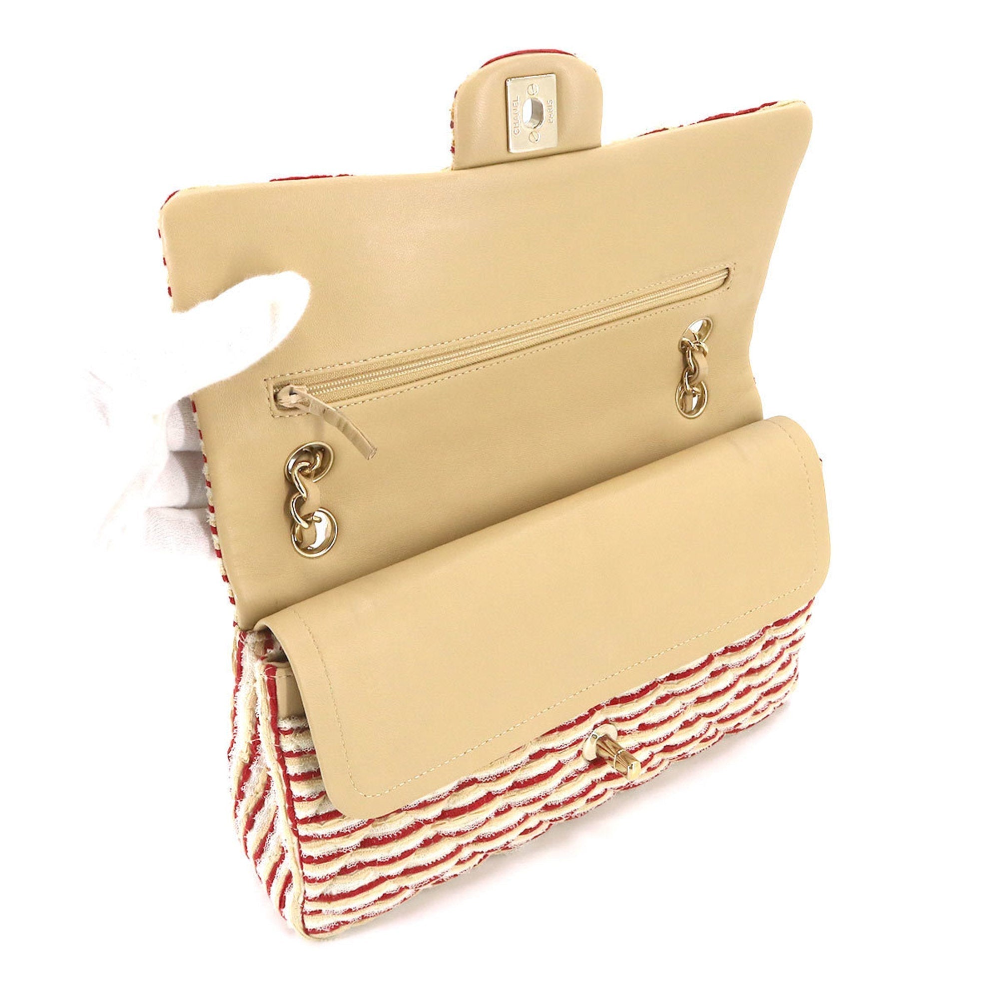 CHANEL Coco Sailor Matelasse Chain Shoulder Bag Pearl Strap Canvas Leather Beige Red Border A90100