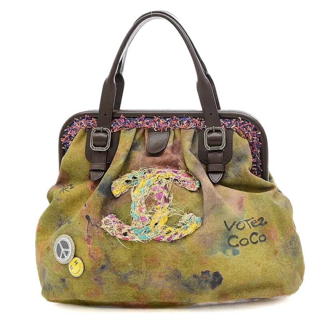 CHANEL Embroidery Graffiti Clasp Handbag Khaki A92791