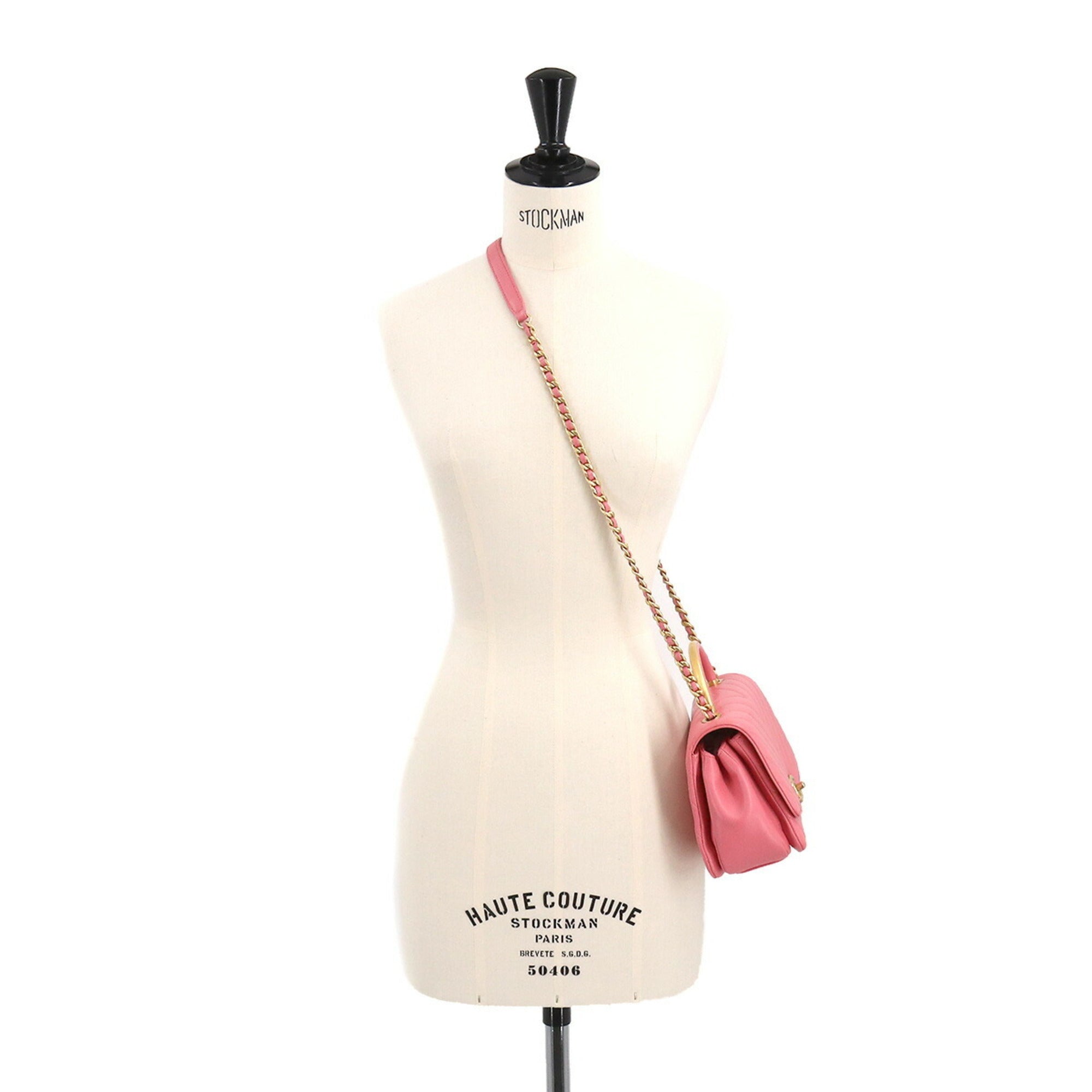 CHANEL Chevron V Stitch Top Handle 2way Hand Shoulder Bag Leather Pink