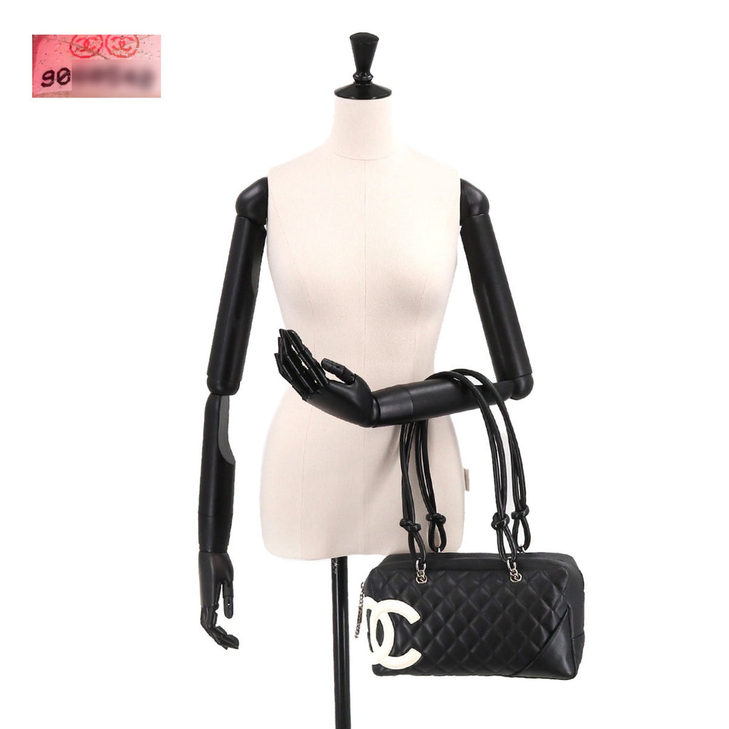 CHANEL Cambon Line Bowling Shoulder Bag Leather Black White A25171