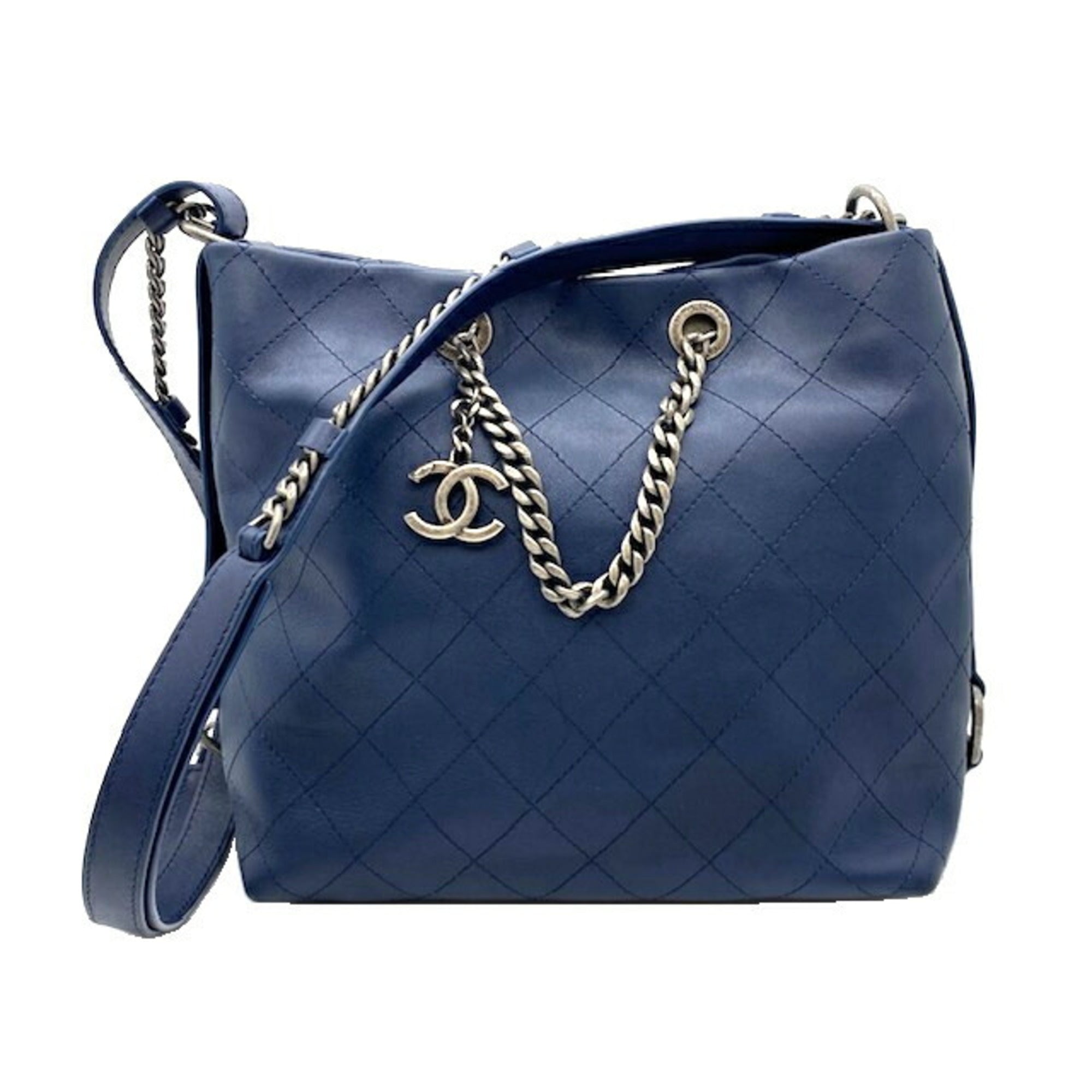 CHANEL Chain Shoulder Bag Leather Navy Pouch
