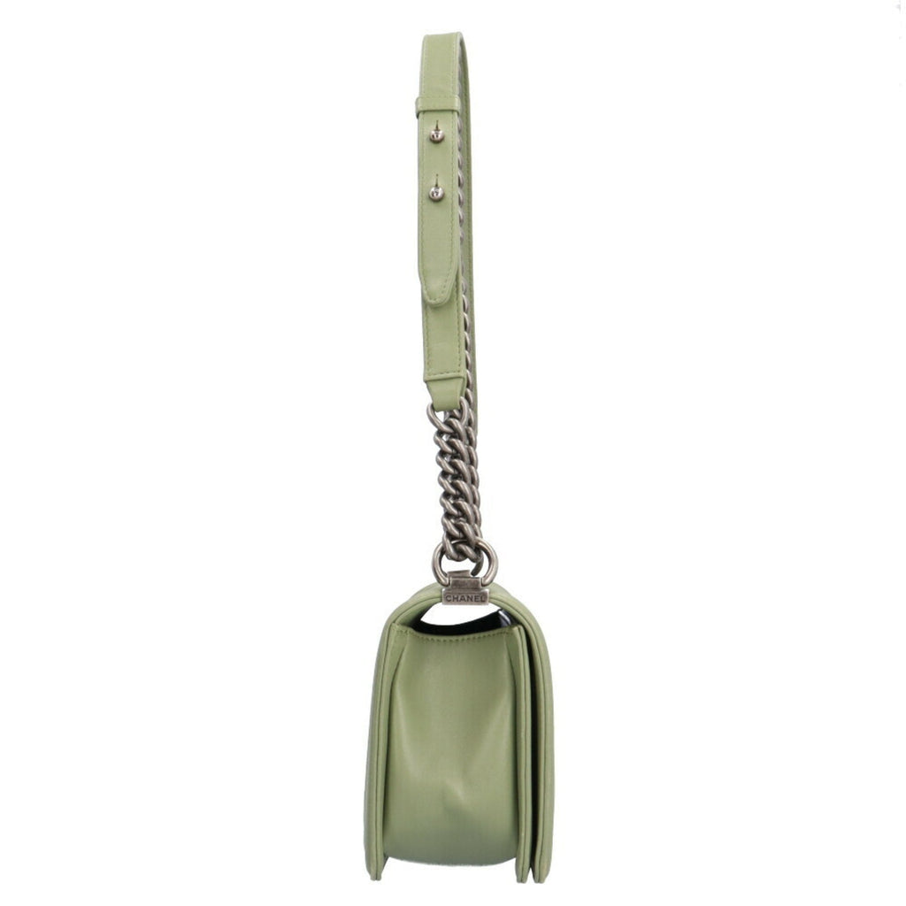 CHANEL Boy  V Stitch Shoulder Bag Lambskin Green Women's
