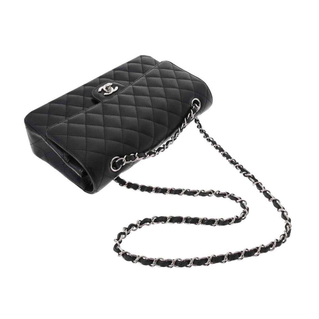 CHANEL Matelasse Chain Shoulder 25cm W Flap Black Ladies Caviar Skin Bag