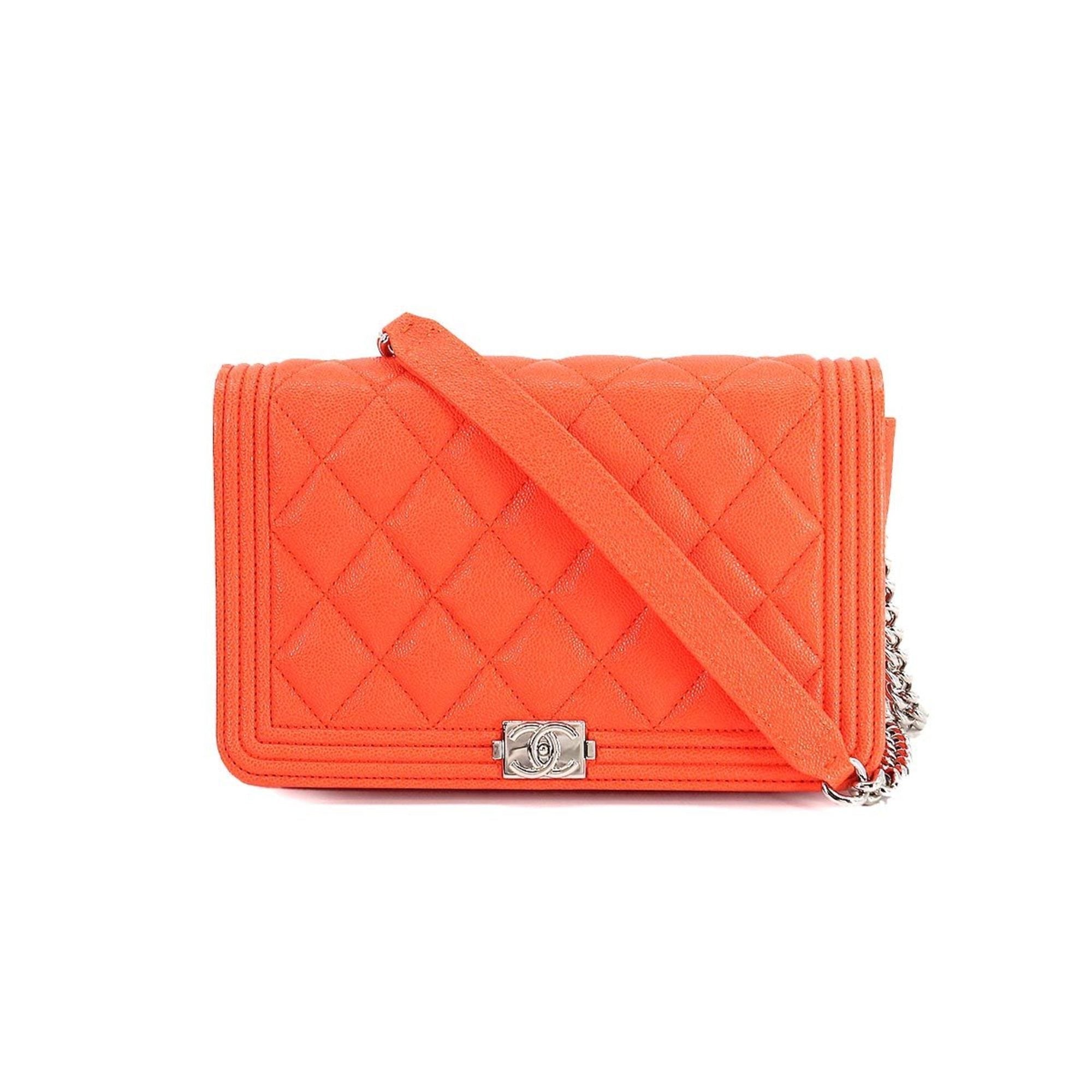 CHANEL boy chain wallet long caviar skin leather orange AP1117 silver metal fittings Chain Wallet