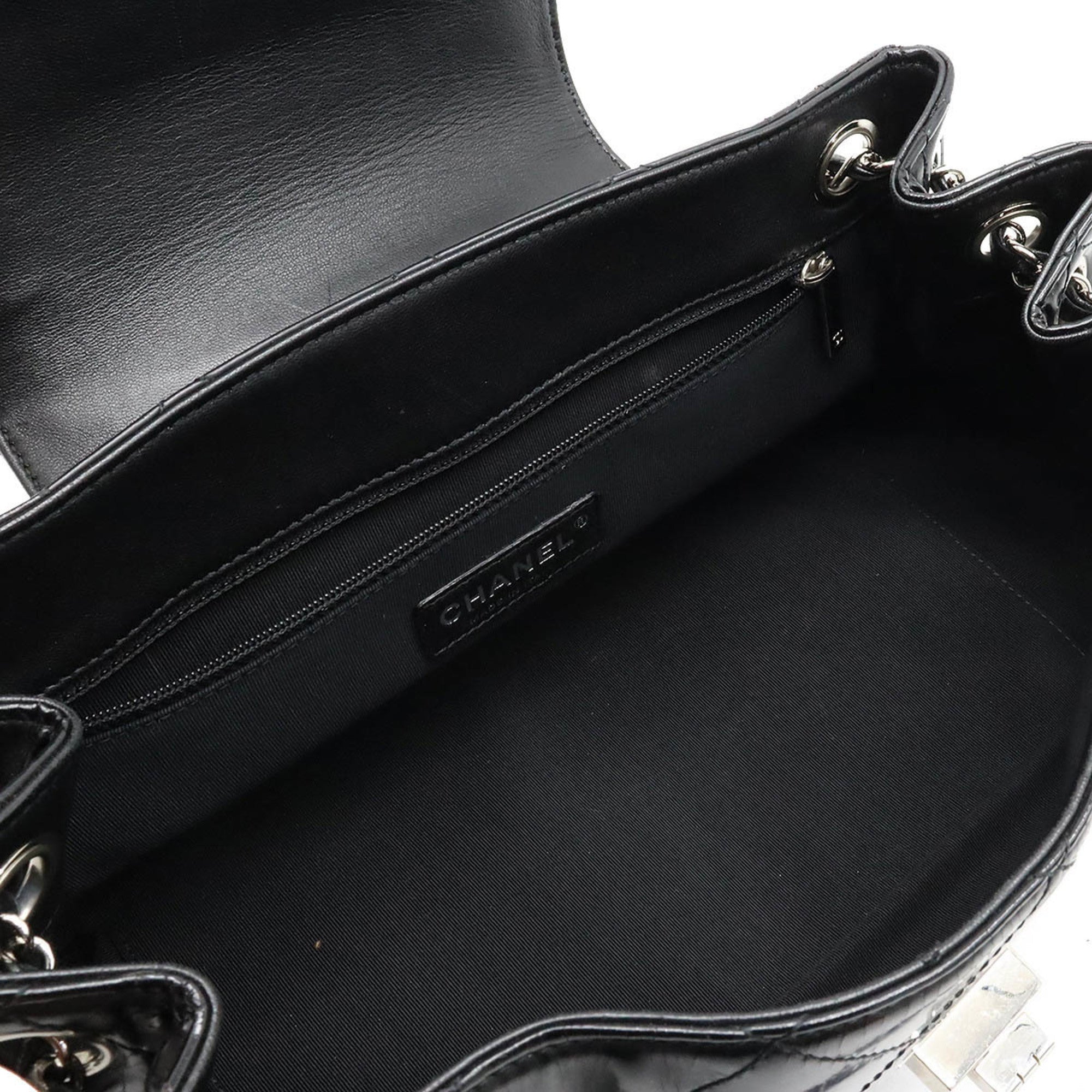 CHANEL 2.55 Matelasse W Chain Bag Shoulder Patent Leather Black