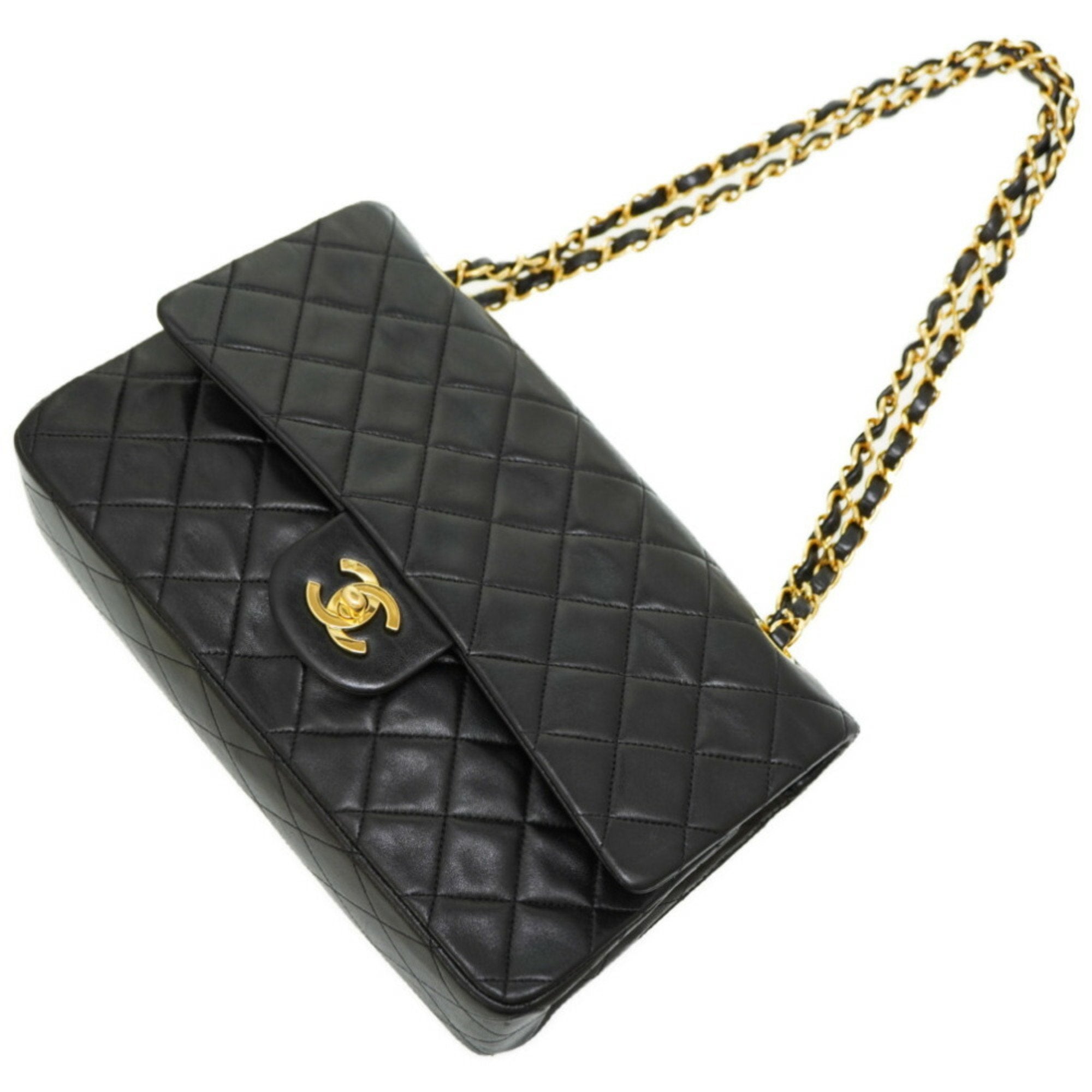 Chanel Matelasse 25 W Flap Chain Shoulder Bag Lambskin Leather Black