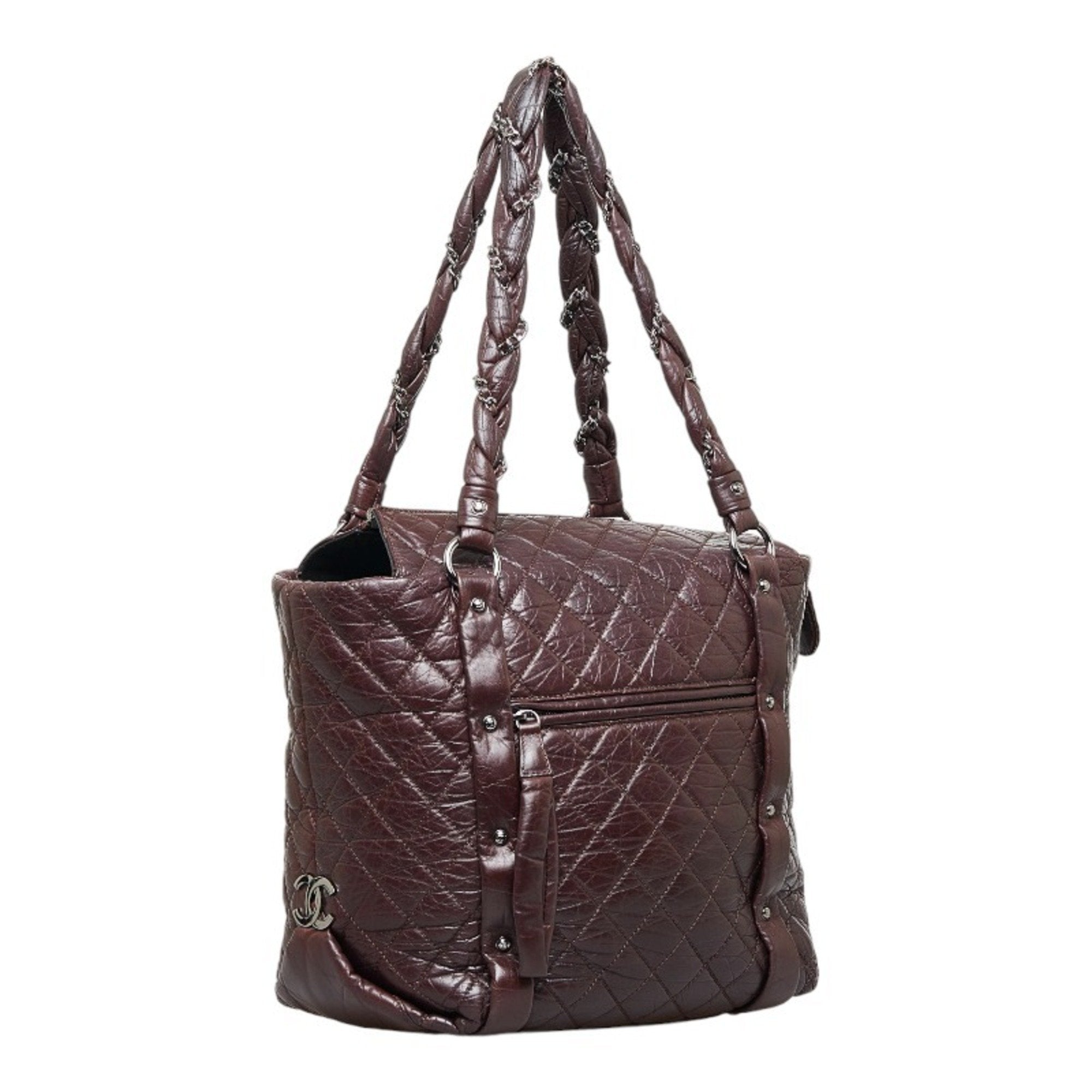 CHANEL Cocomark Luxury Line Chain Shoulder Bag Tote Brown Silver Leather Ladies