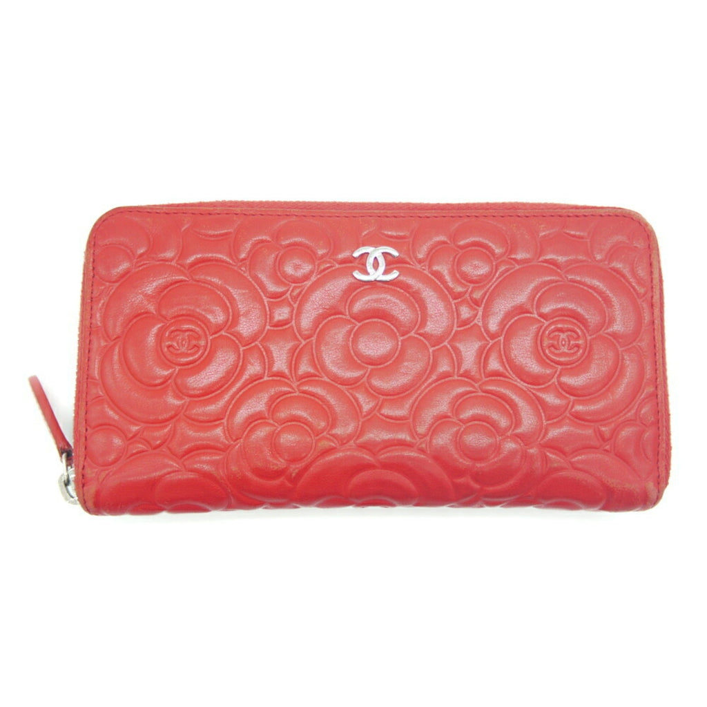 CHANEL camellia embossed round long wallet lambskin red A82281