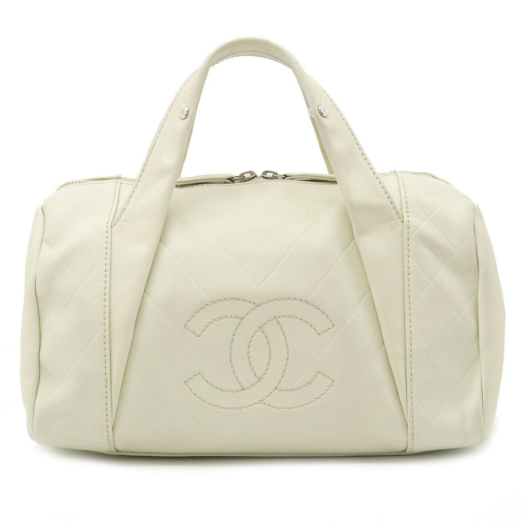CHANEL Chevron V stitch here mark Boston bag handbag leather ivory A91136