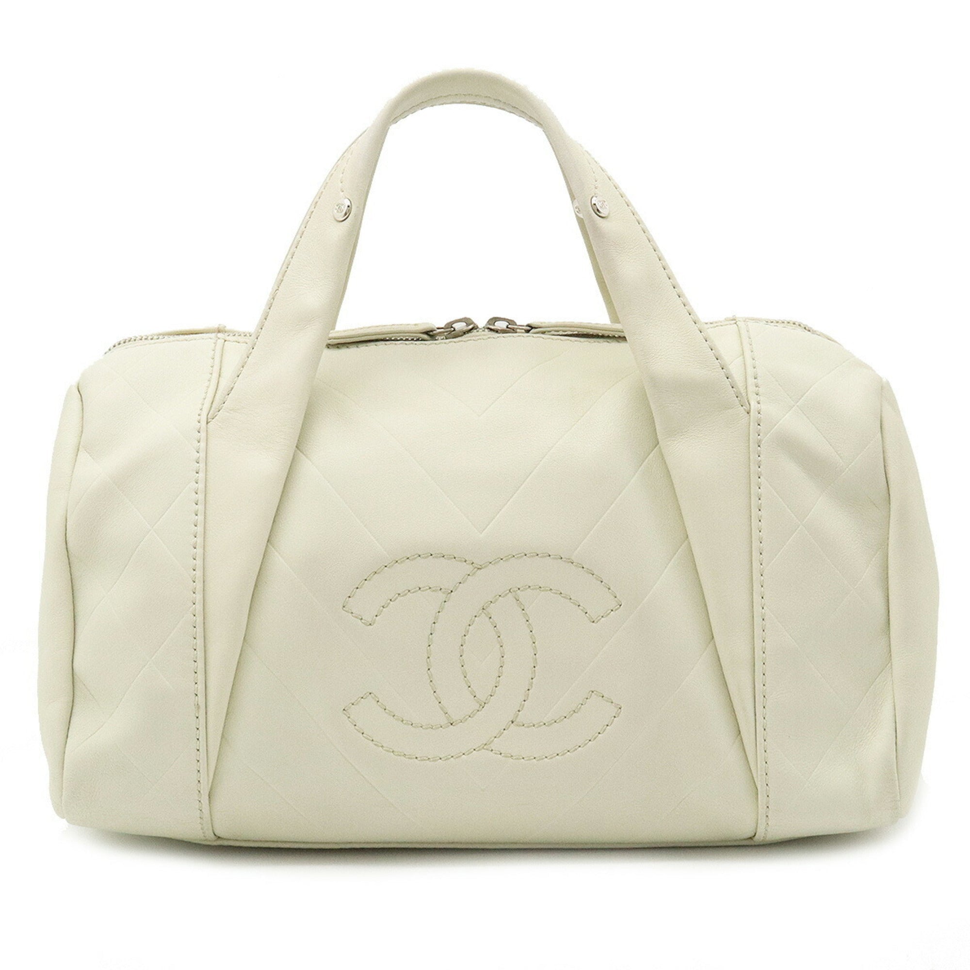 CHANEL Chevron V stitch here mark Boston bag handbag leather ivory A91136