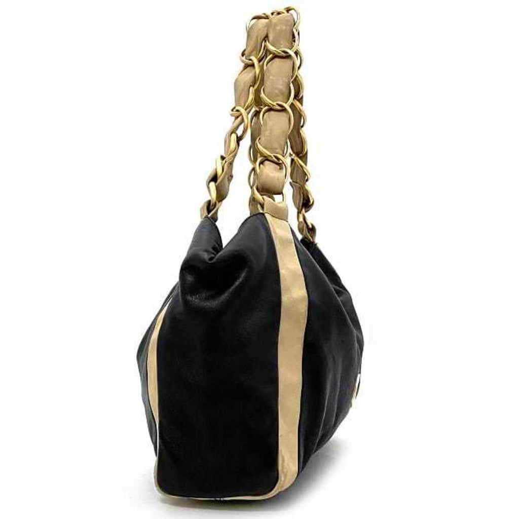 CHANEL Chain Tote Bag Black Beige Gold Cocomark Leather Lambskin 7th  Big Soft