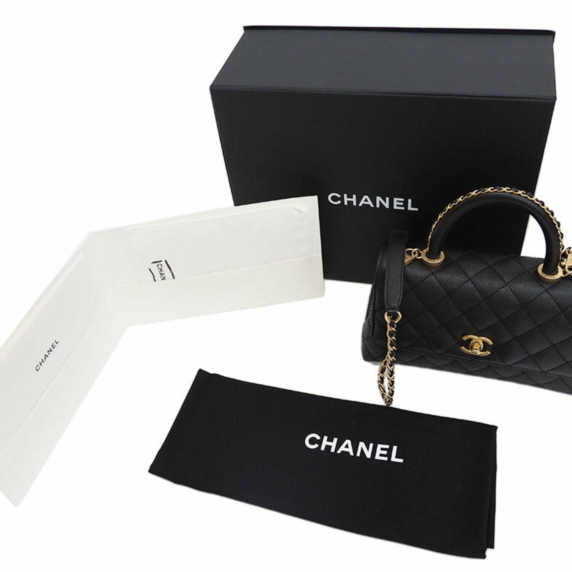 CHANEL Coco Handle Handbag Black A92990 Caviar Skin Women's
