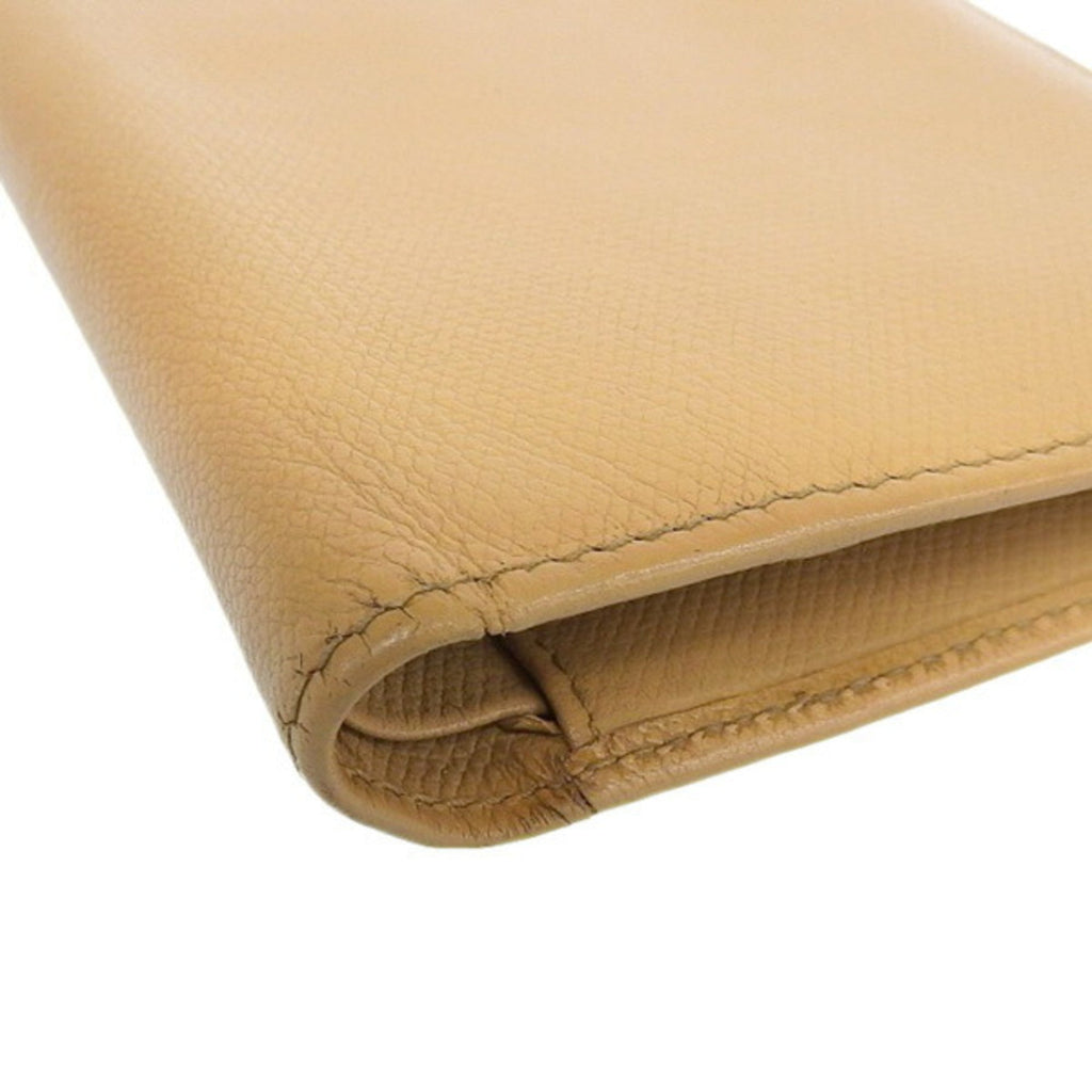 CHANEL Leather Coco Button Bifold Long Wallet Beige Ladies