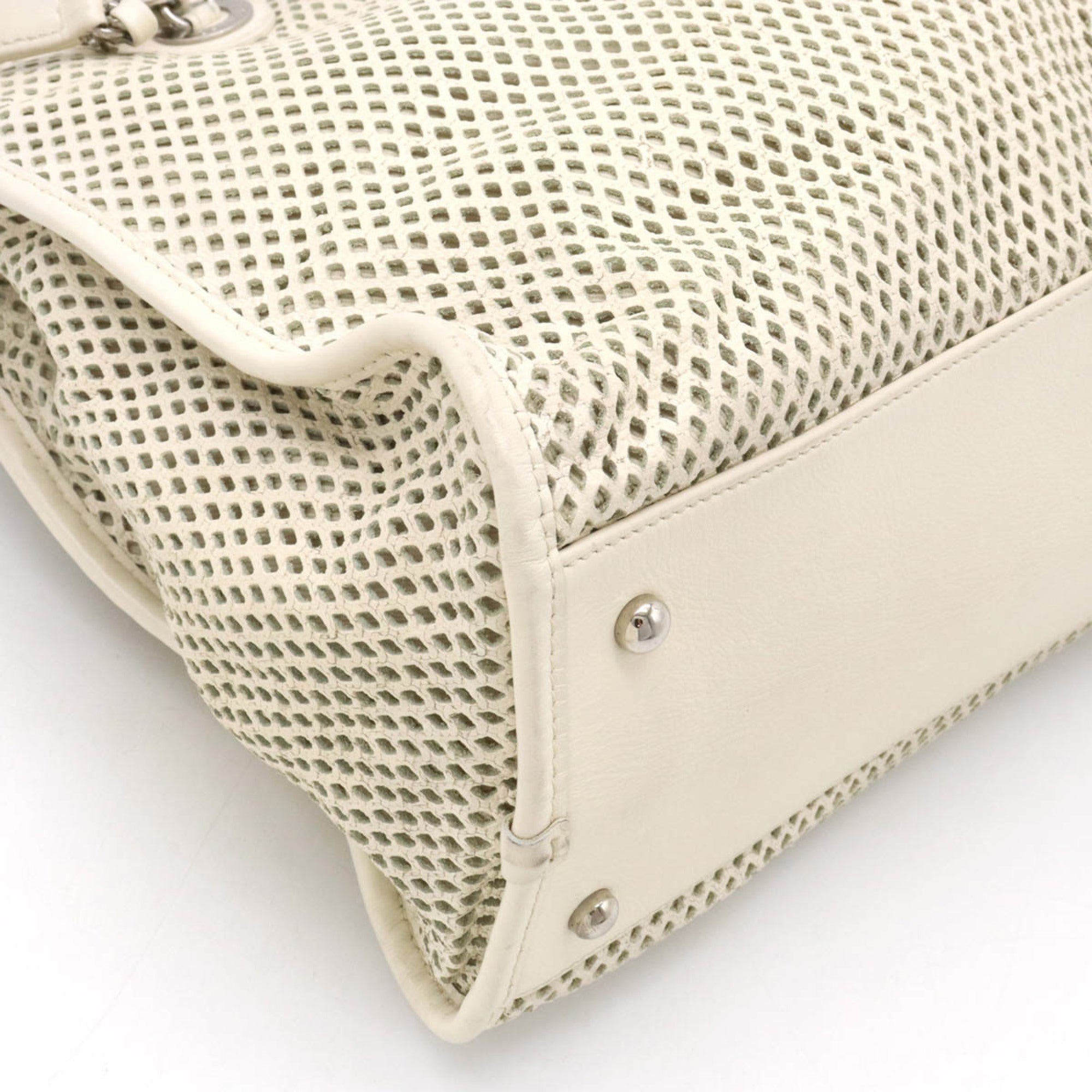 CHANEL Coco Mark Perforated Mesh Handbag Tote Bag Shoulder Chain Leather Ivory