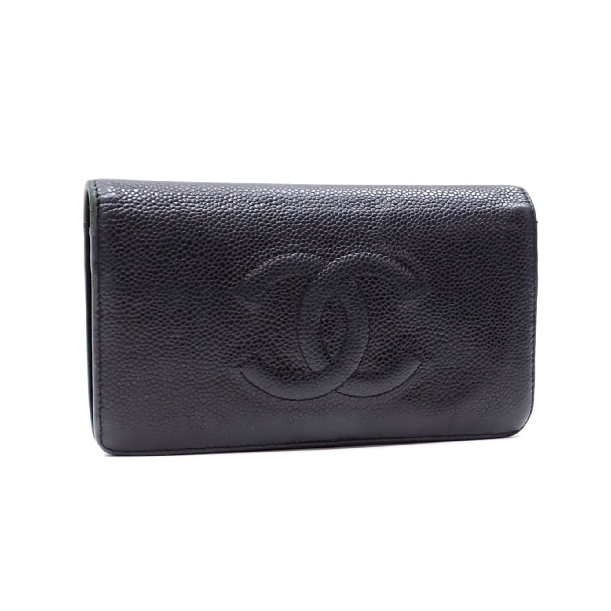 CHANEL Bifold Long Wallet Women's Black Caviar Skin Coco Mark