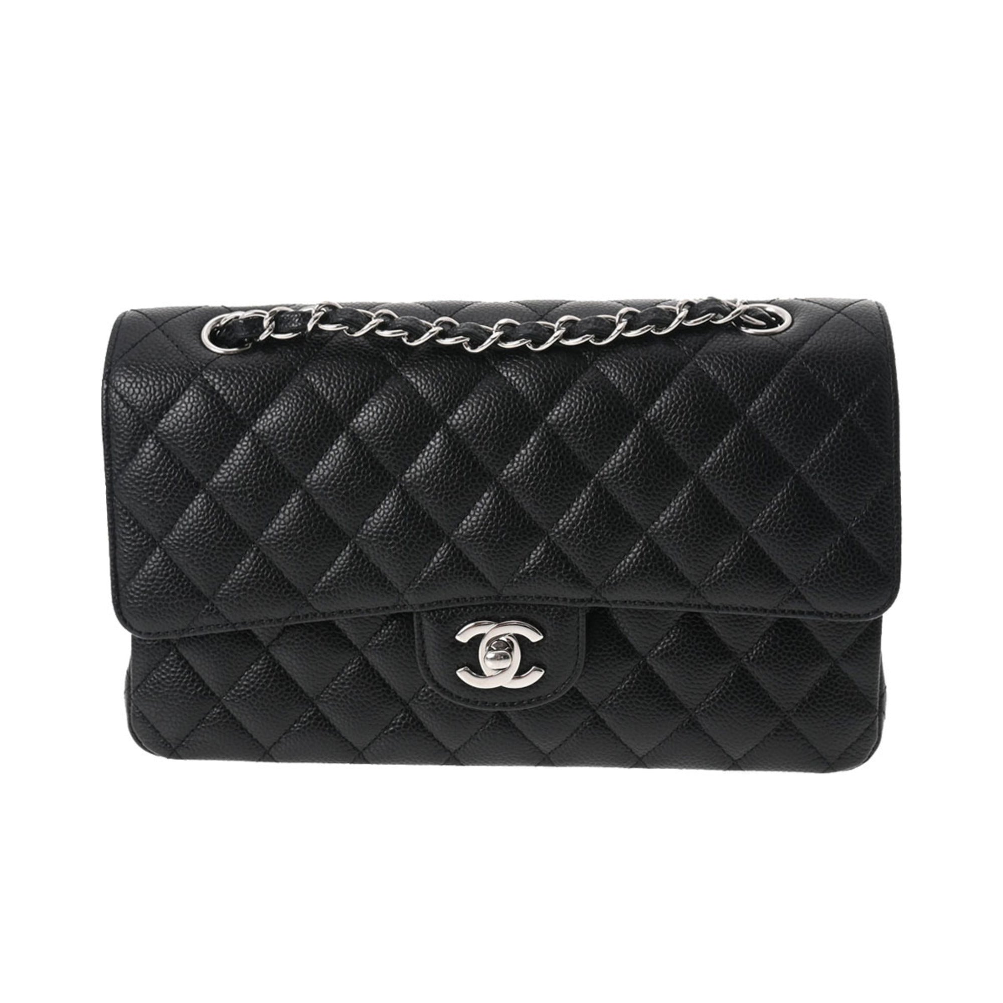 CHANEL Matelasse Chain Shoulder 25cm W Flap Black Ladies Caviar Skin Bag