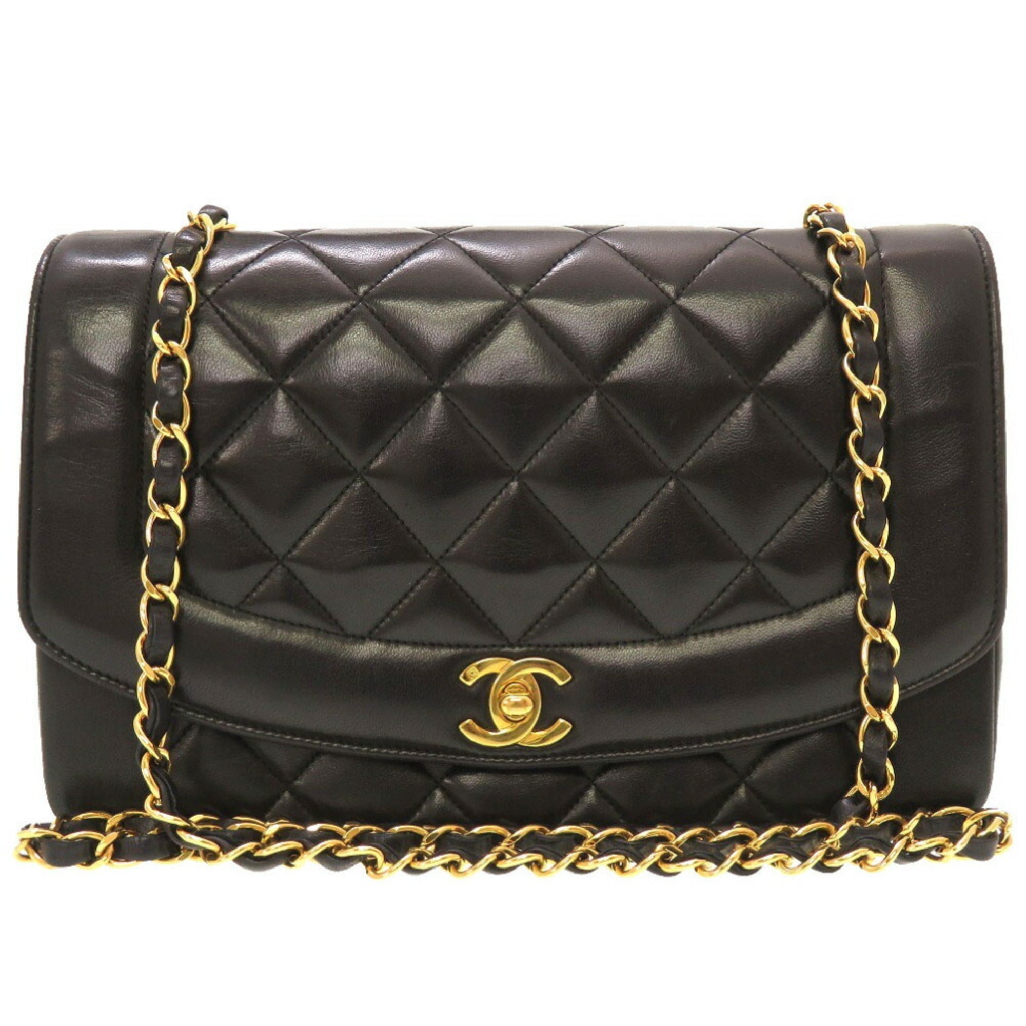 CHANEL Diana 25 Medium Matelasse Lambskin Black Gold Chain Shoulder Bag No. 3 Coco Mark Turnlock