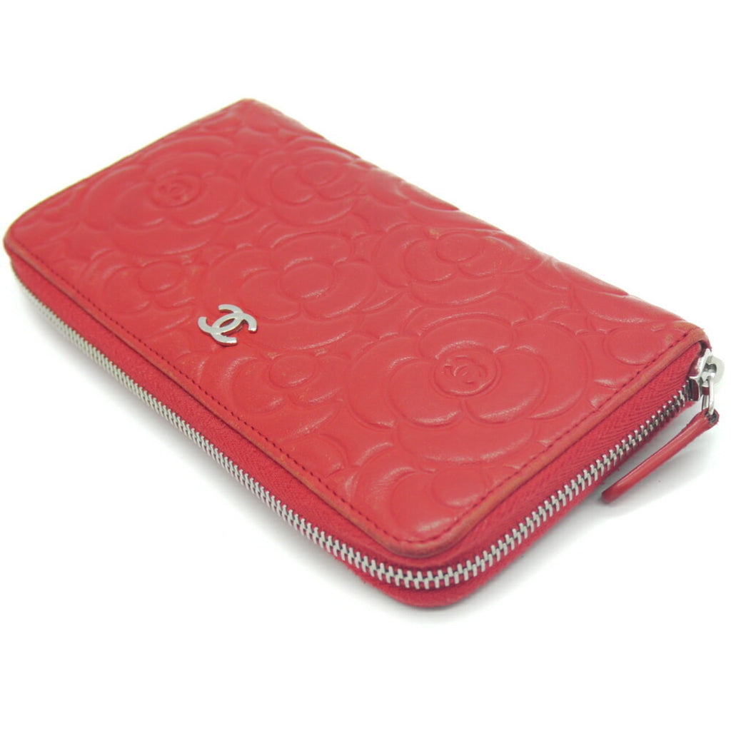 CHANEL camellia embossed round long wallet lambskin red A82281