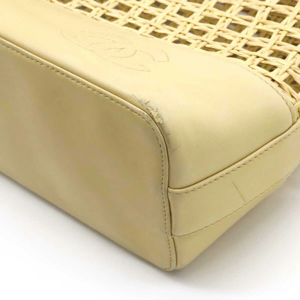 CHANEL Tote Bag Shoulder Chain Basket Straw Leather Beige Natural