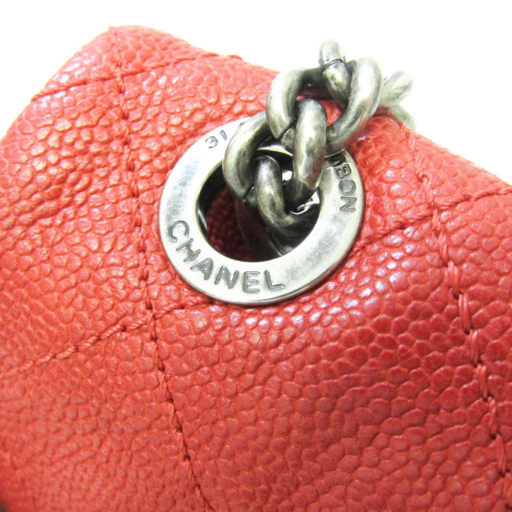 CHANEL Caviar Skin Matelasse Women's Leather Shoulder Bag Red Color