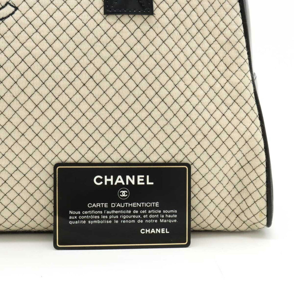 CHANEL Cocomark Quilted Bowling Bag Boston Shoulder Patent Leather Cotton Beige Black