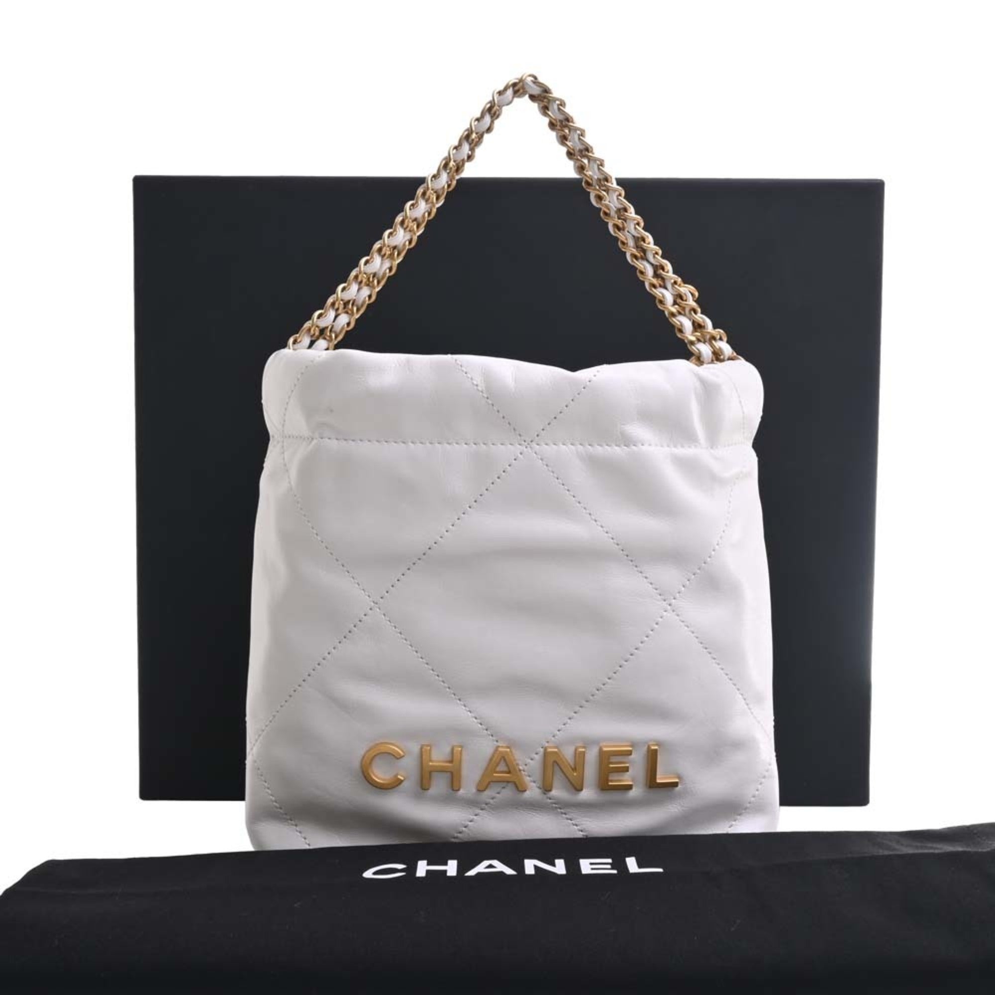 CHANEL Leather 22 Handbag Chain Shoulder Bag White Ladies