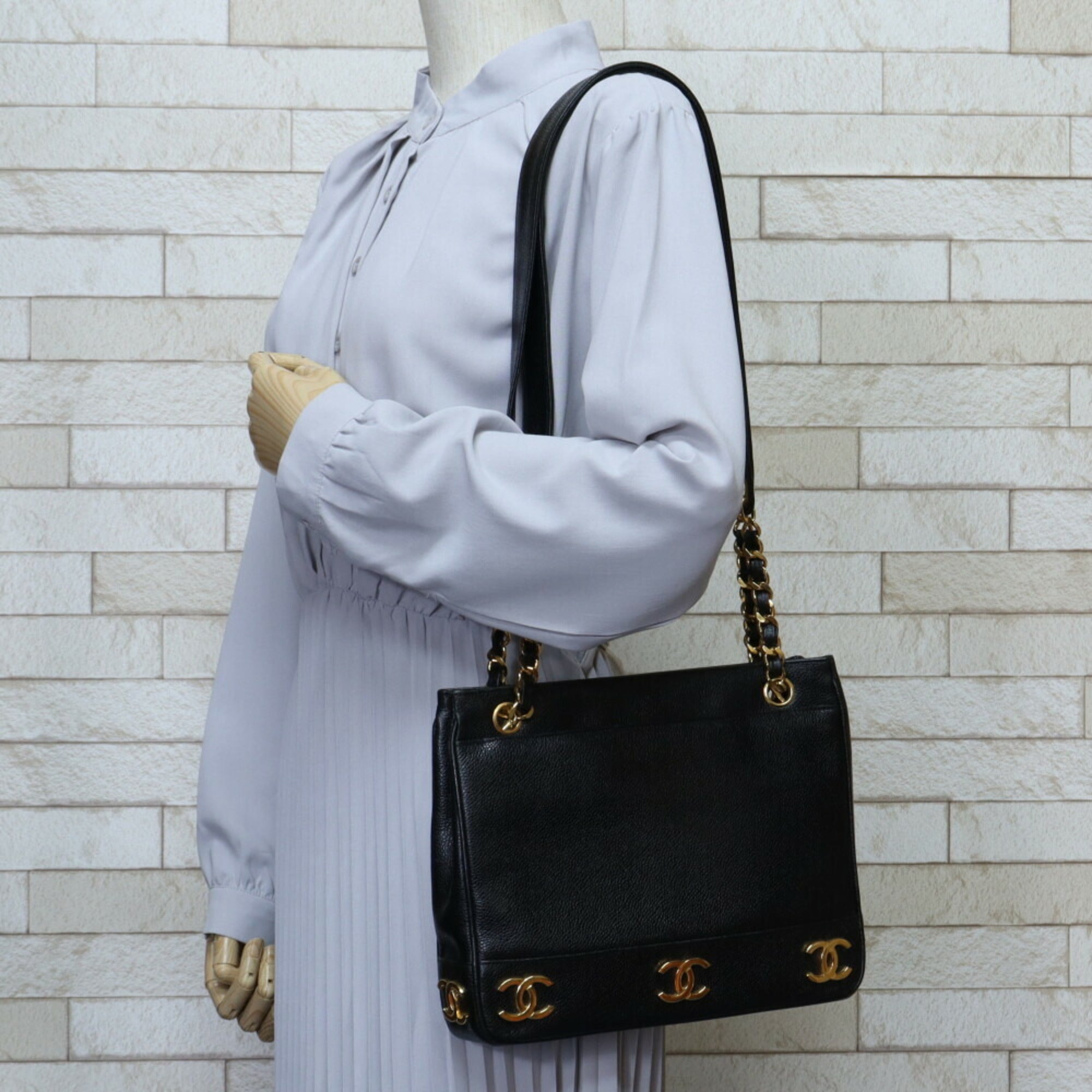CHANEL Chain Triple Coco Shoulder Bag Caviar Skin Black Women's
