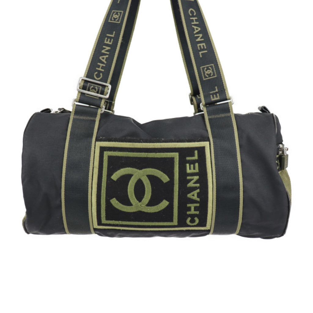 CHANEL Sport Line Boston Bag Nylon Canvas Black Khaki Green Shoulder Travel Cocomark 10 Series Round Cylindrical