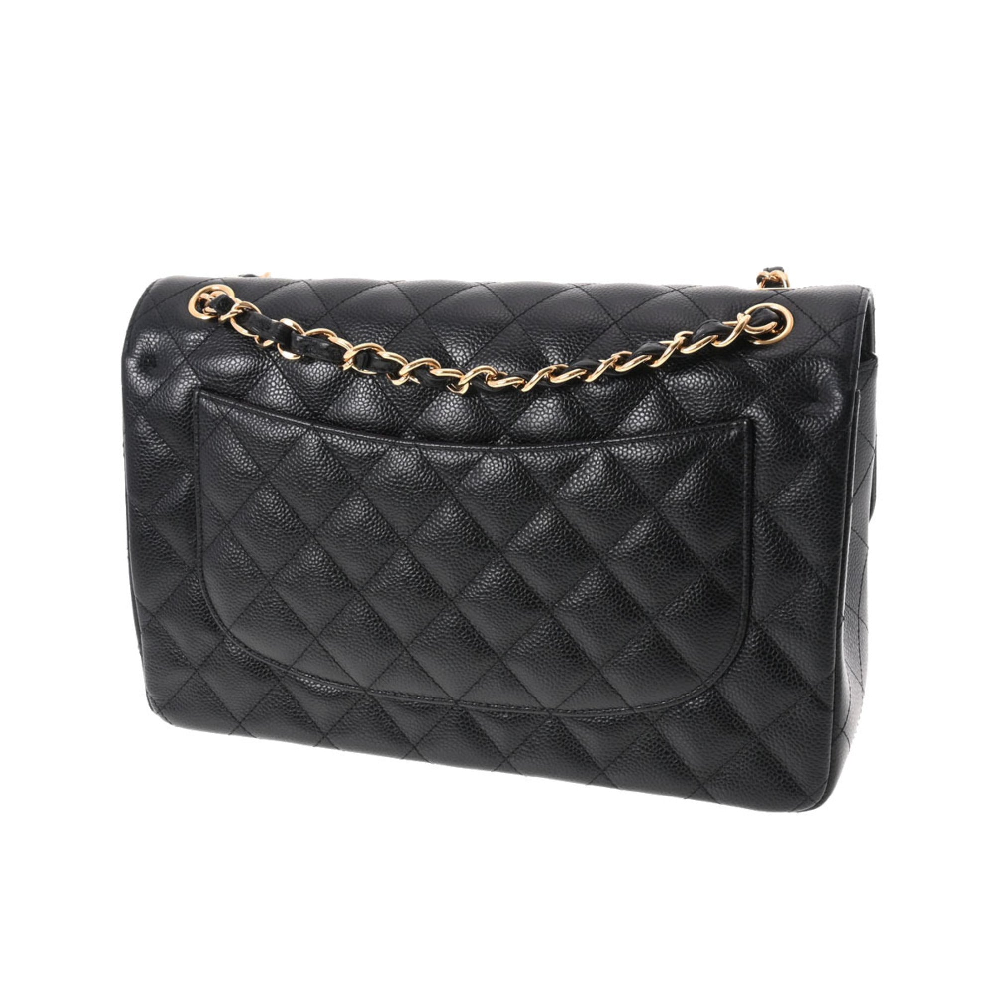 CHANEL matelasse chain shoulder W flap 30cm black ladies caviar skin bag