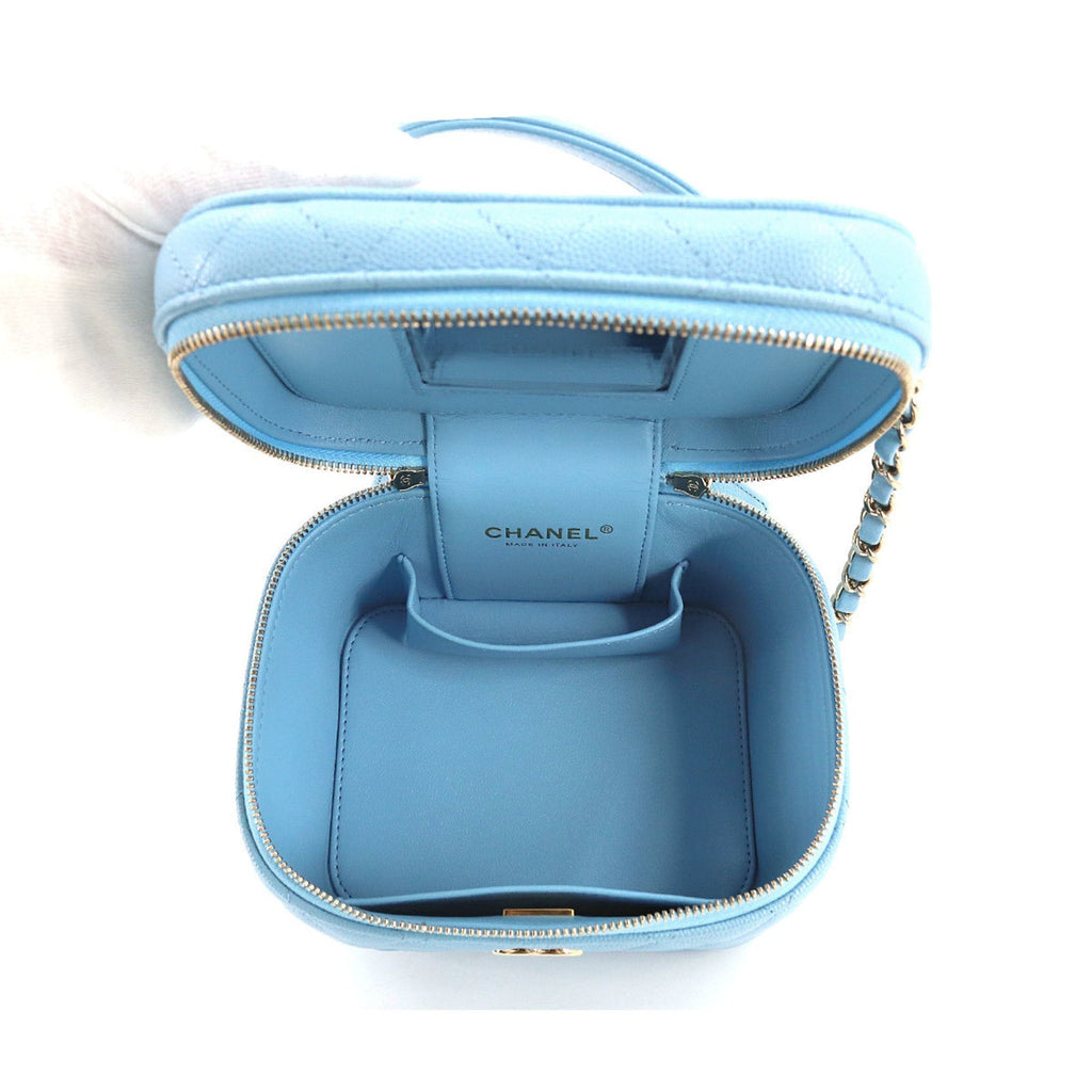 CHANEL Matelasse Small Vanity Chain Shoulder Bag Caviar Skin Leather Light Blue AS3171