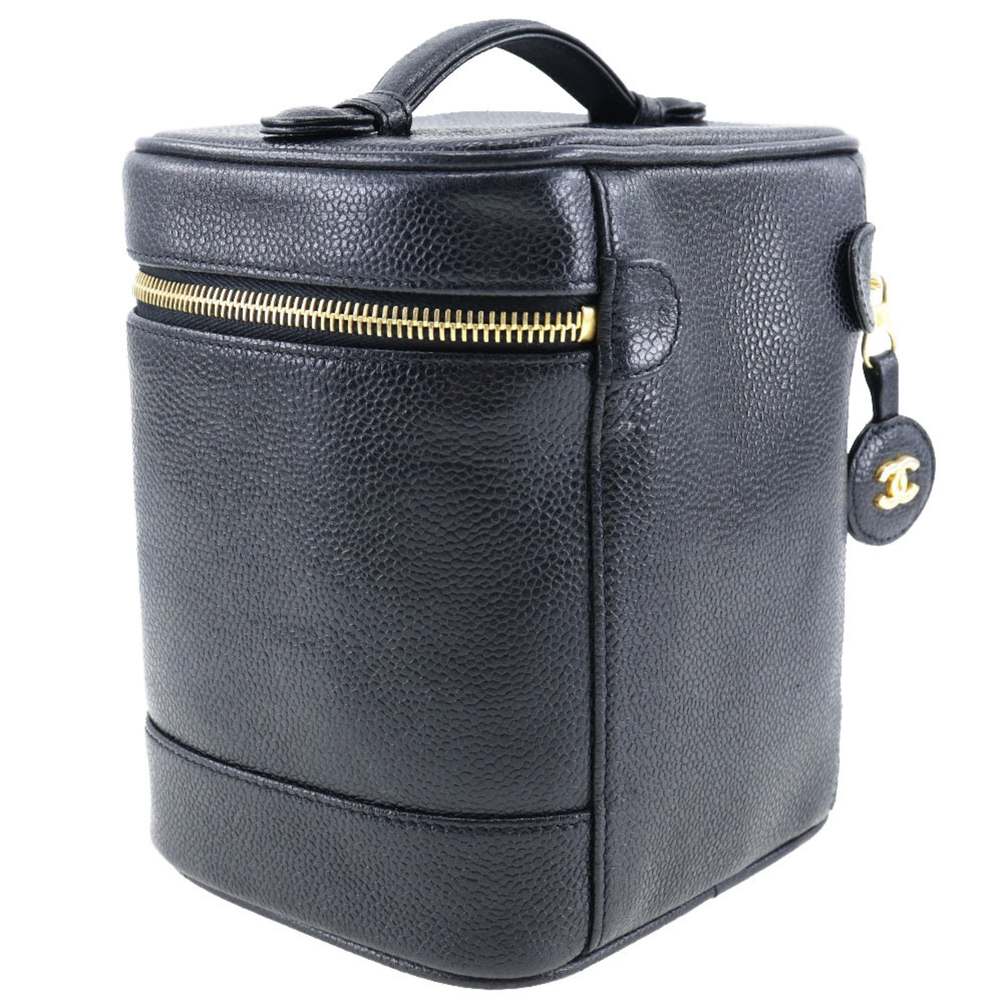 CHANEL Vanity Handbag Coco Mark Matte Caviar Skin Made in France Black Zipper Ladies