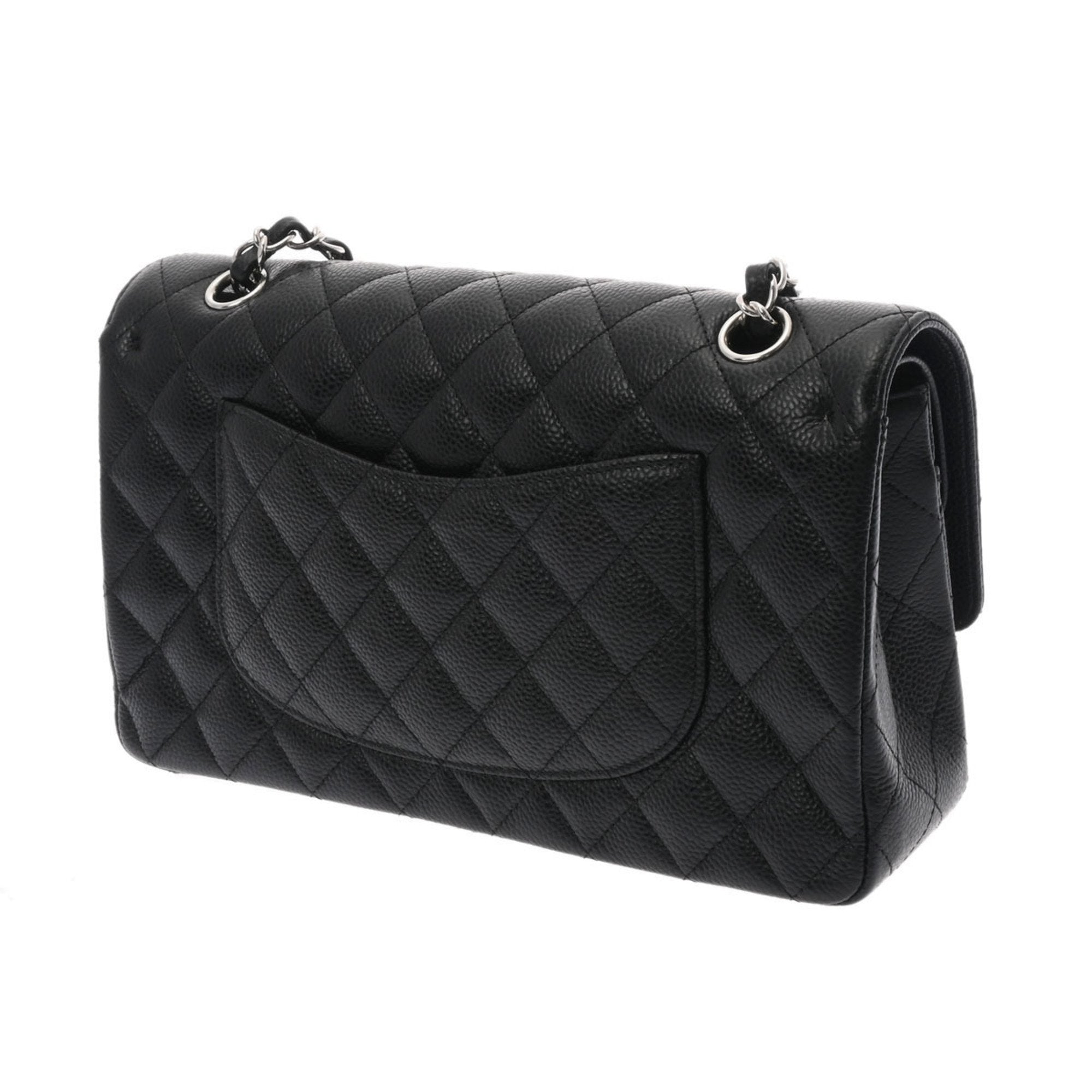 CHANEL matelasse W flap chain shoulder 25cm black A01112 ladies caviar skin bag