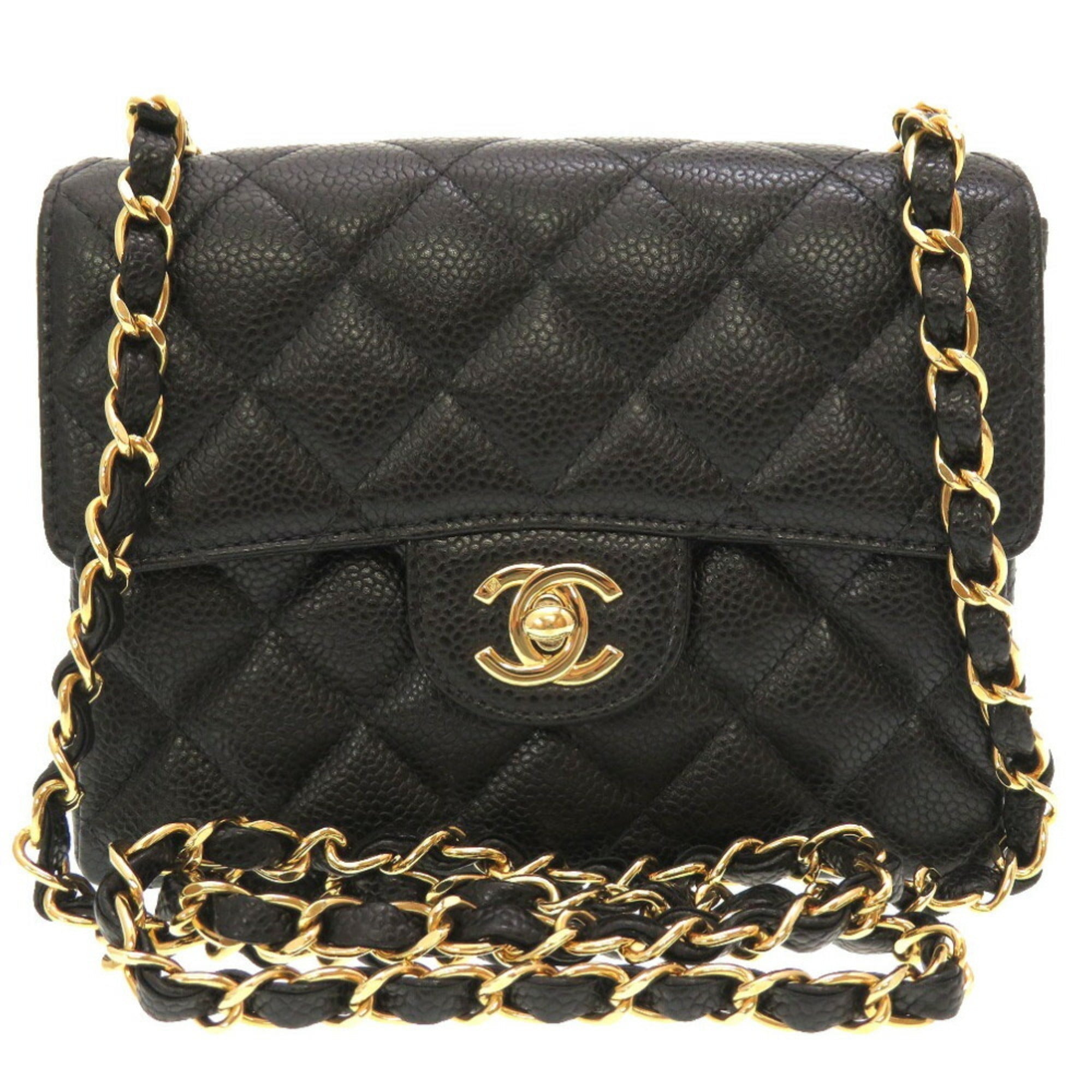 CHANEL Matelasse Caviar Skin Black No. 8 Gold Chain Shoulder Bag Coco Mark