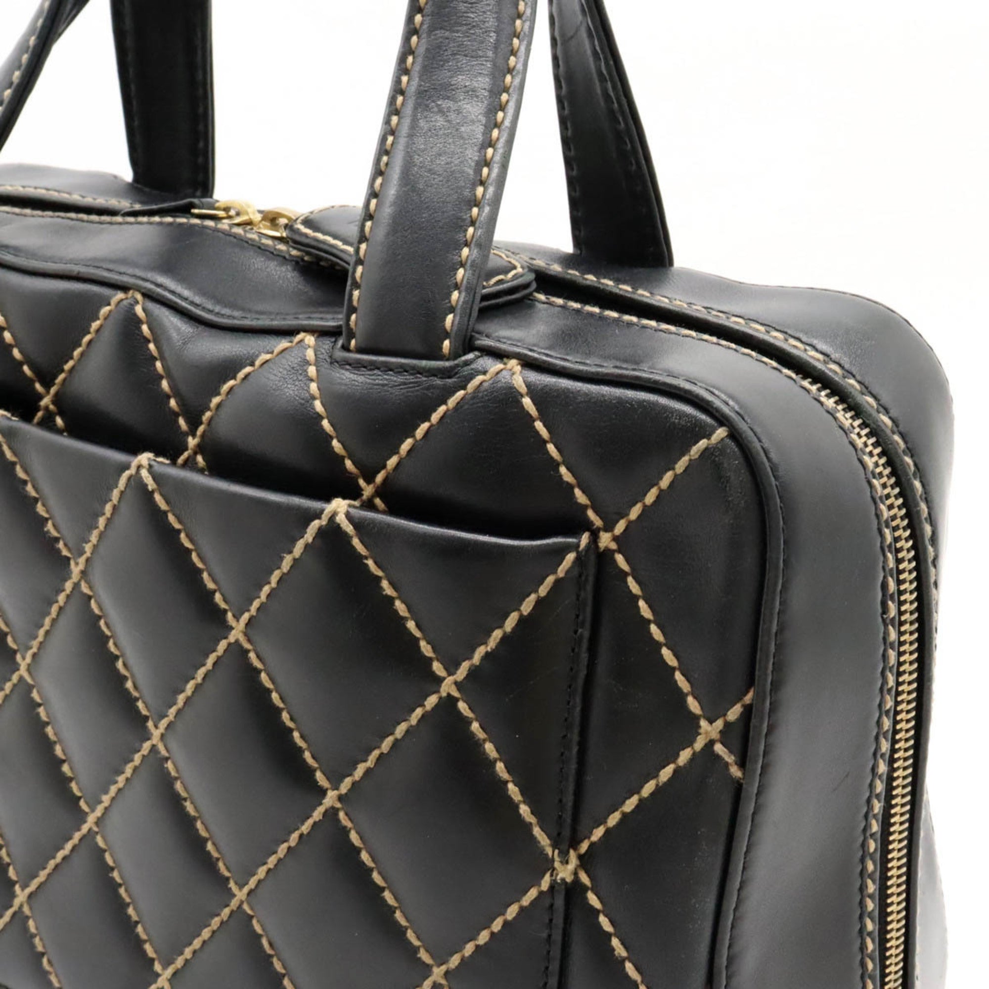 CHANEL Wild Stitch Handbag Boston Bag Leather Black A14692