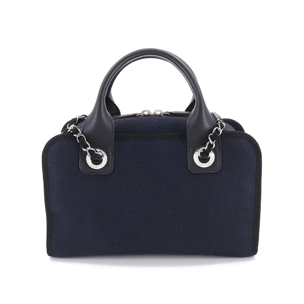 CHANEL Deauville Bowling 2way Hand Chain Shoulder Bag Canvas Leather Navy A92749