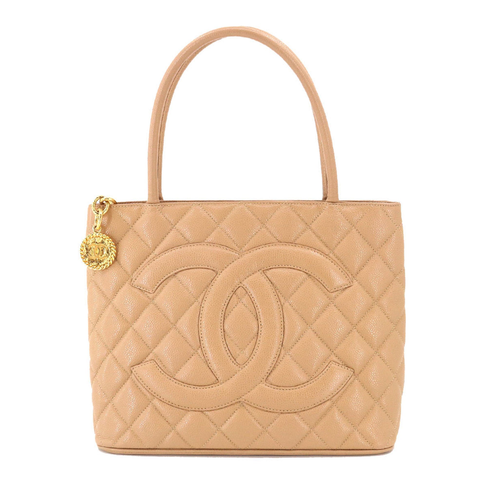 CHANEL Reproduction Tote Bag Caviar Skin Beige A01804 Gold Hardware Vintage Medallion
