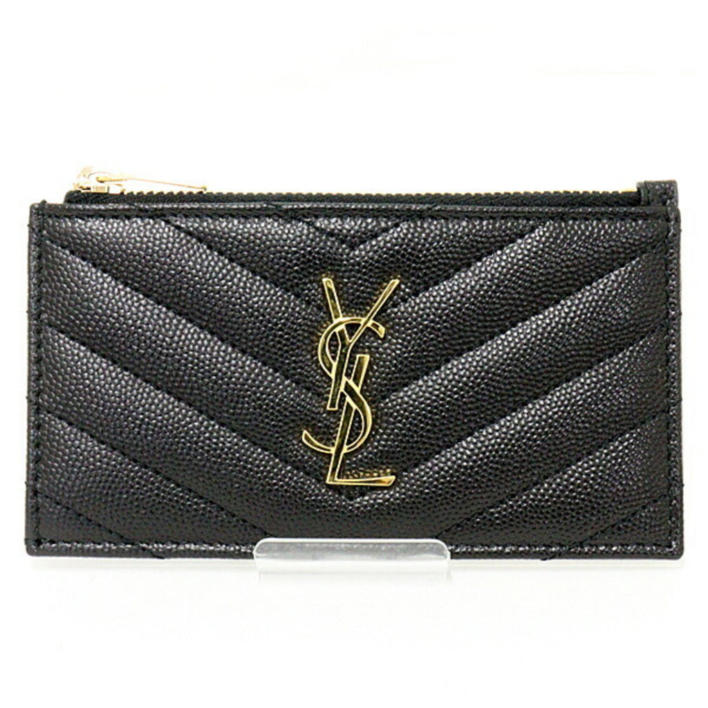 SAINT LAURENT Monogram Fragment Zip Card Case Coin Grain de Poudre Embossed Leather 607915 Black Gold Hardware