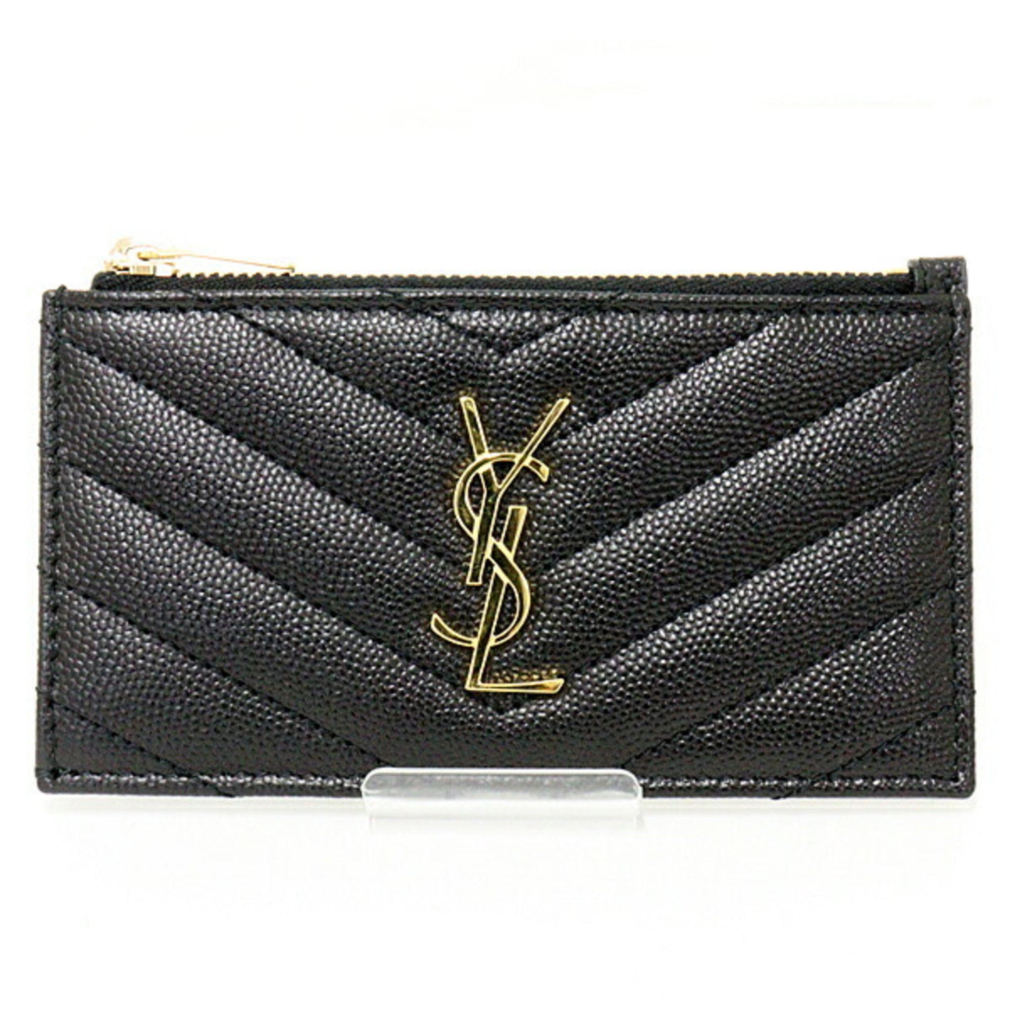 SAINT LAURENT Monogram Fragment Zip Card Case Coin Grain de Poudre Embossed Leather 607915 Black Gold Hardware