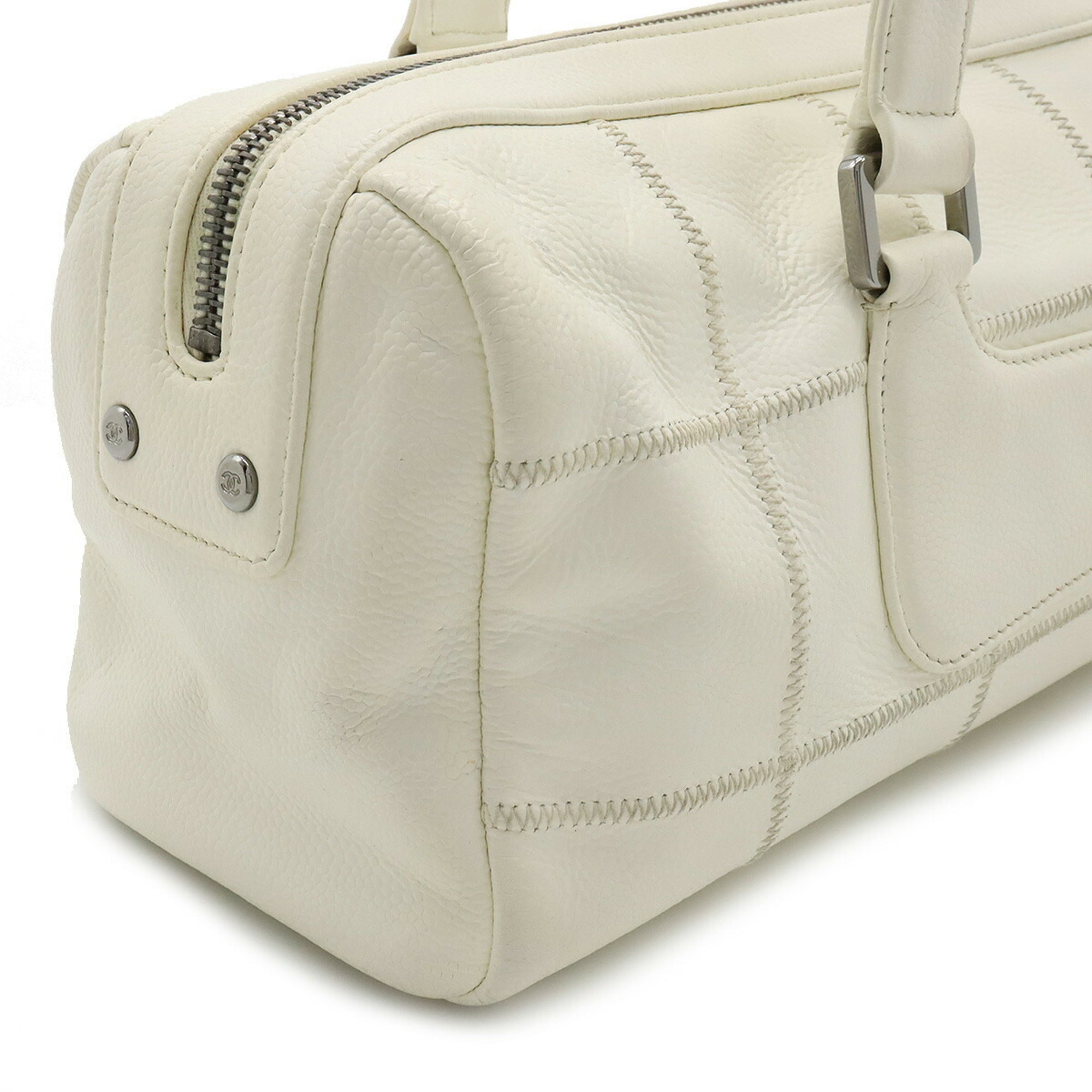 CHANEL Chocolate Bar Coco Mark Handbag Boston Leather Ivory White
