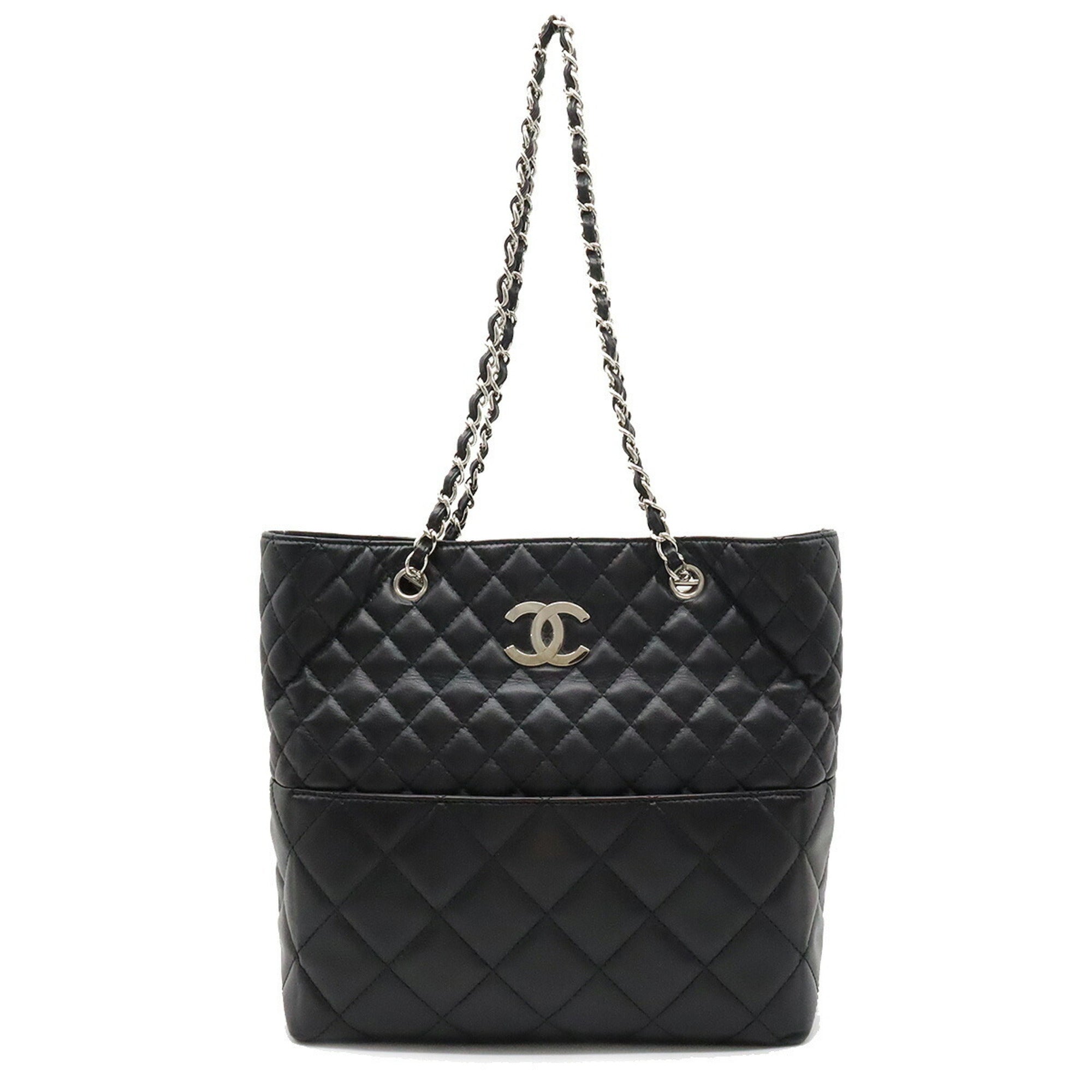 CHANEL matelasse here mark chain tote bag shoulder leather black